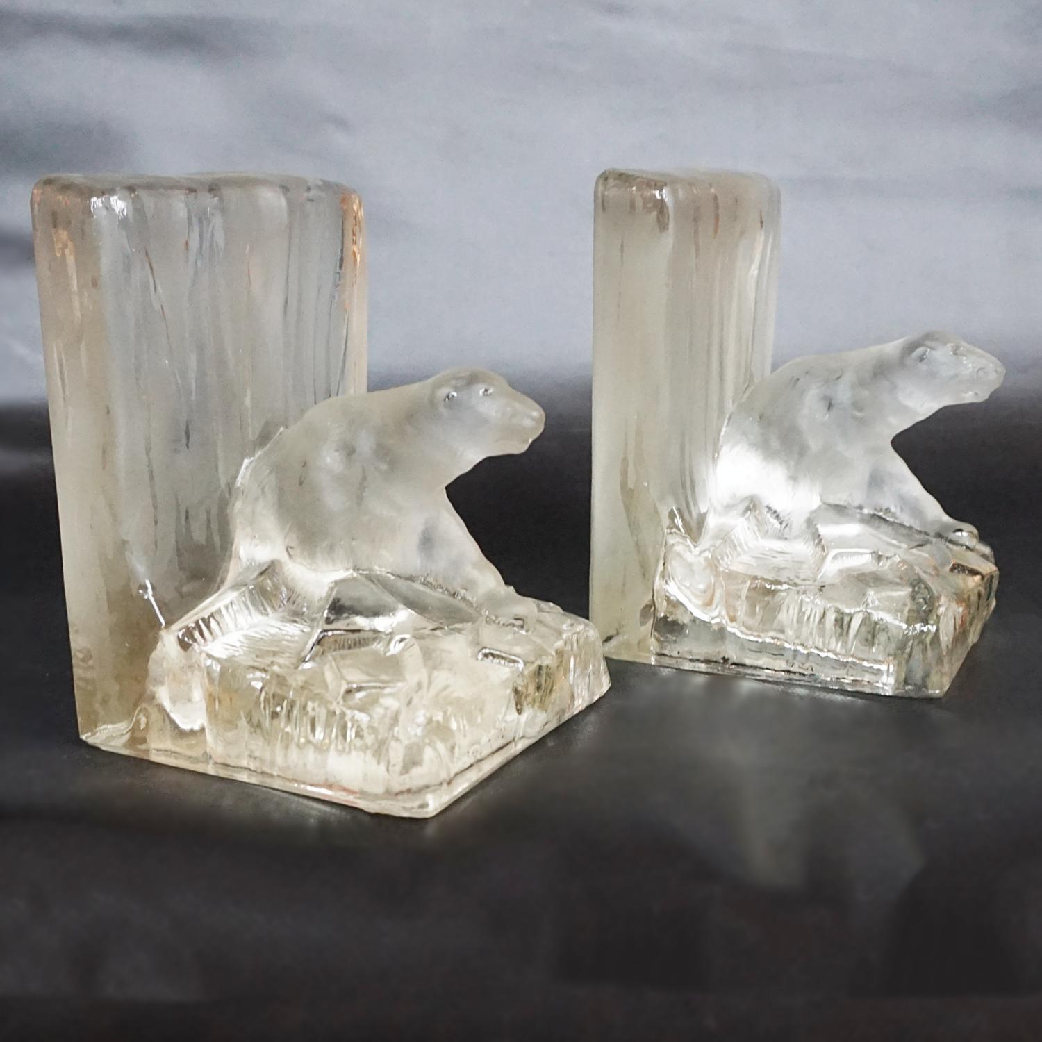 Mid-20th Century Art Deco Glass Polar Bear Bookends