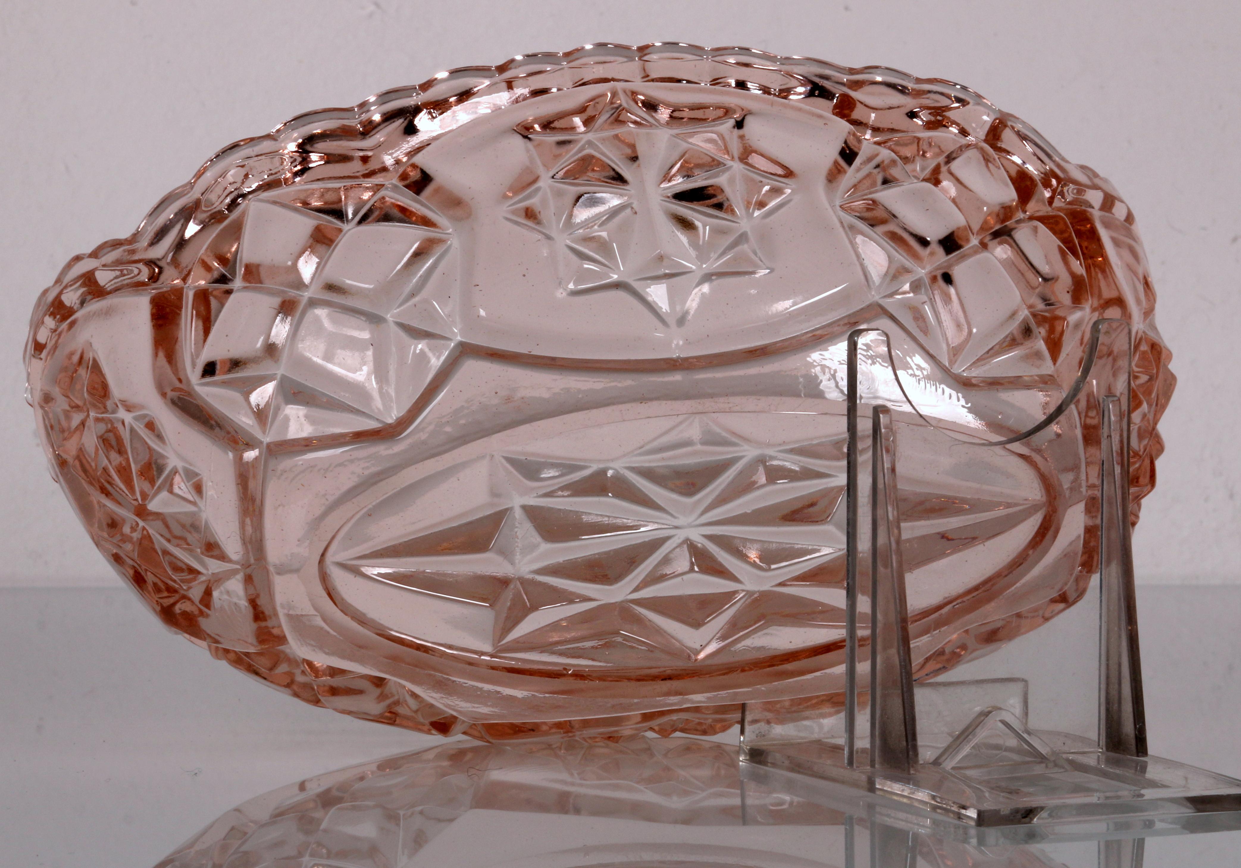 Stained Glass art deco glass rosé colored Bohemian Fruit Bowl ar. 1930 For Sale
