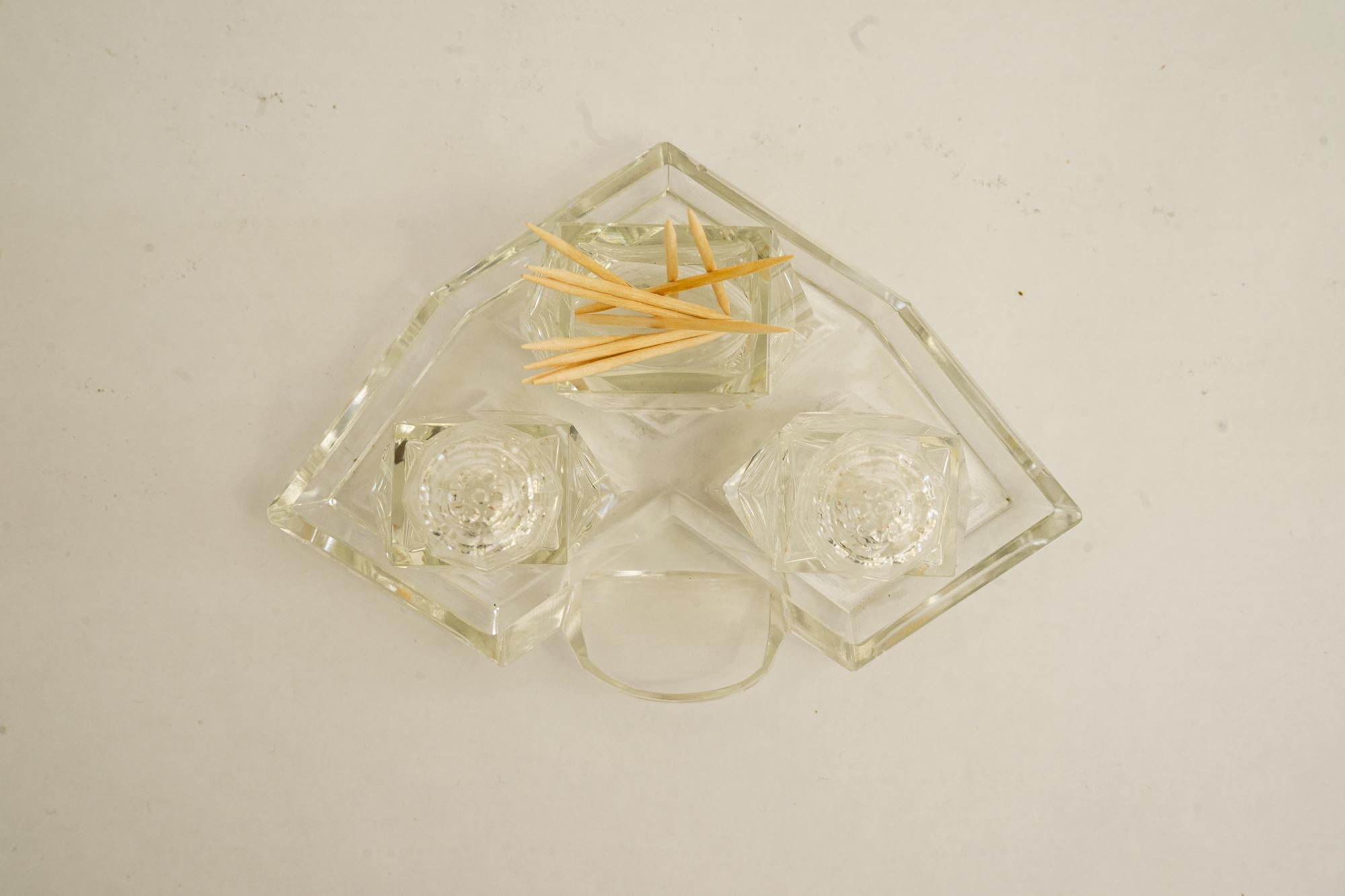 Austrian Art Deco glass Salt and pepper with toothpick holders vienna around 1920s For Sale