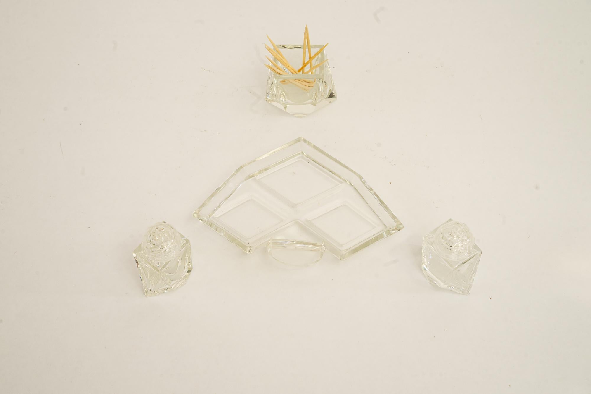 Cut Glass Art Deco glass Salt and pepper with toothpick holders vienna around 1920s For Sale