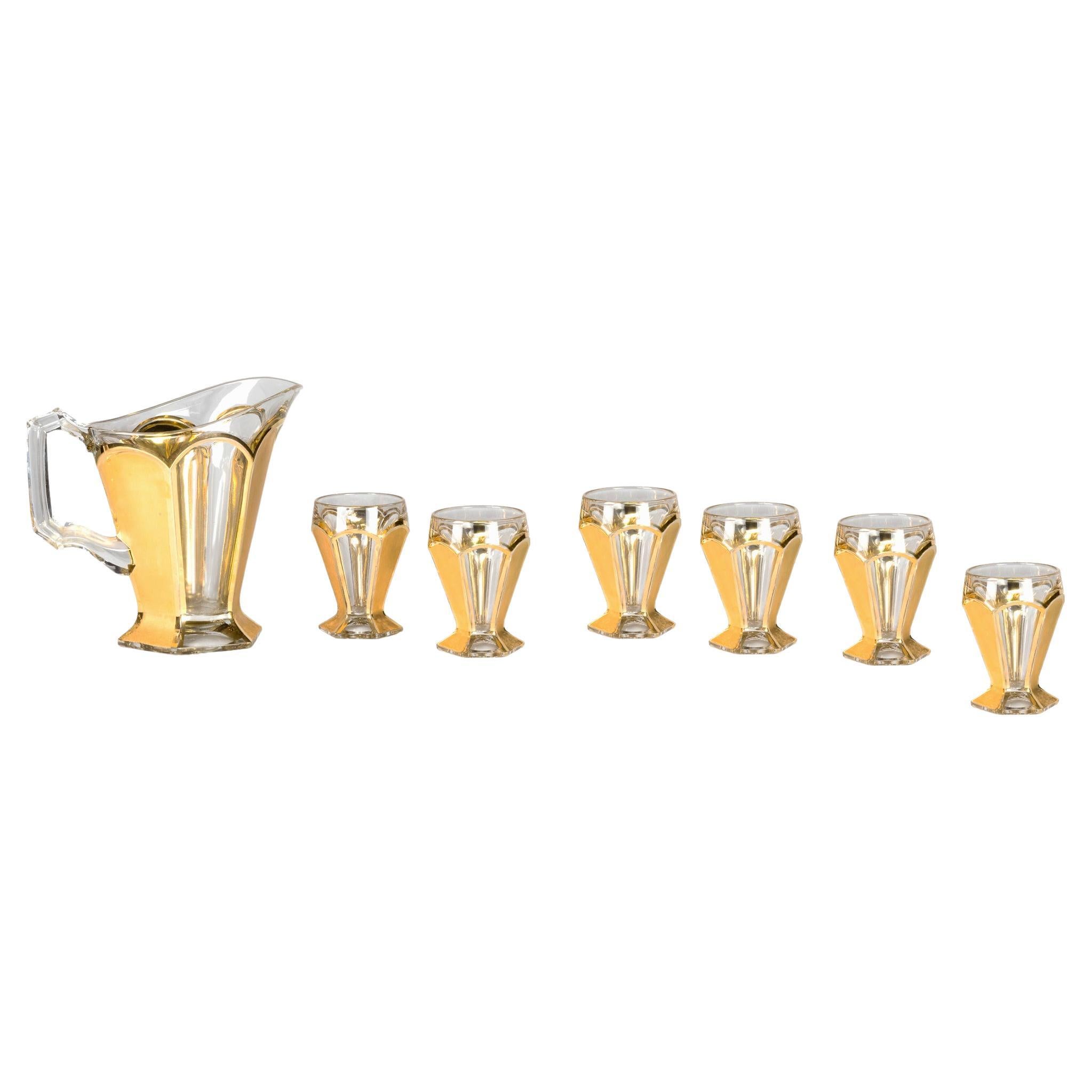 Art Deco Glass Set, Pitcher & Six Glasses, Golden Accents, 1930
