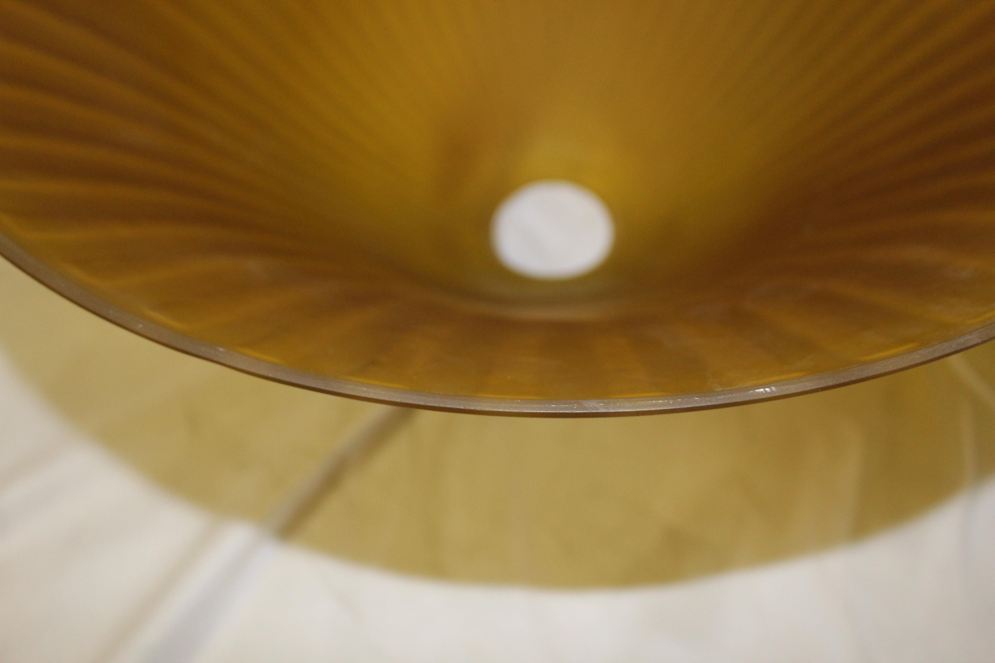 A large cone shaped glass shade made after the French Designer (Daum) has the signature signed in the glass. Can work on floor lamps, and or a chandelier. The diameter is at 18 3/4 and 10 and 1/2