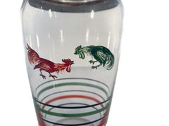 Shaker da cocktail in vetro e argento Art Deco con galli e linee dipinte a mano