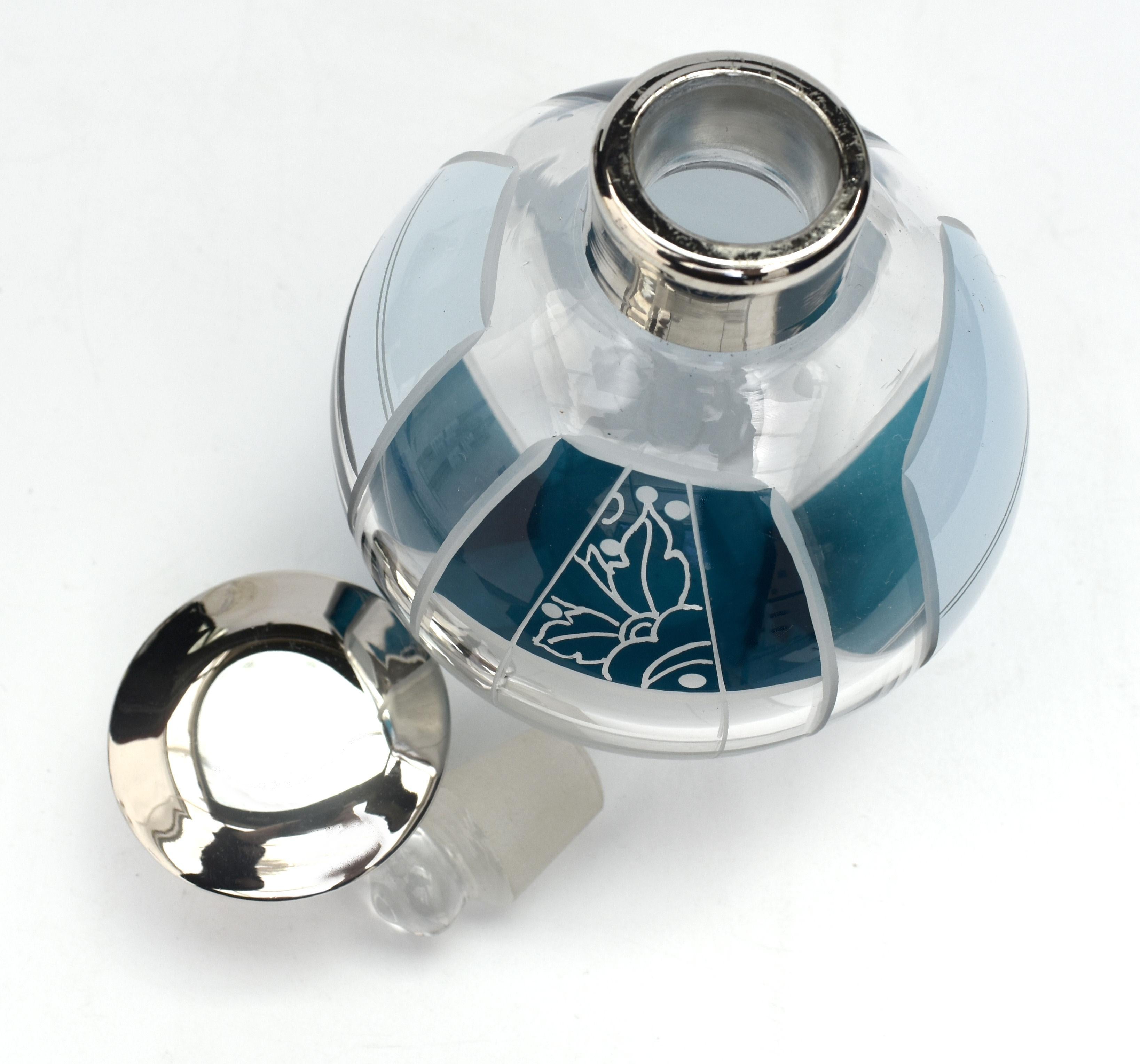 Czech Art Deco Glass & Silver Plate Perfume Bottle by Karl Palda, circa 1930 For Sale
