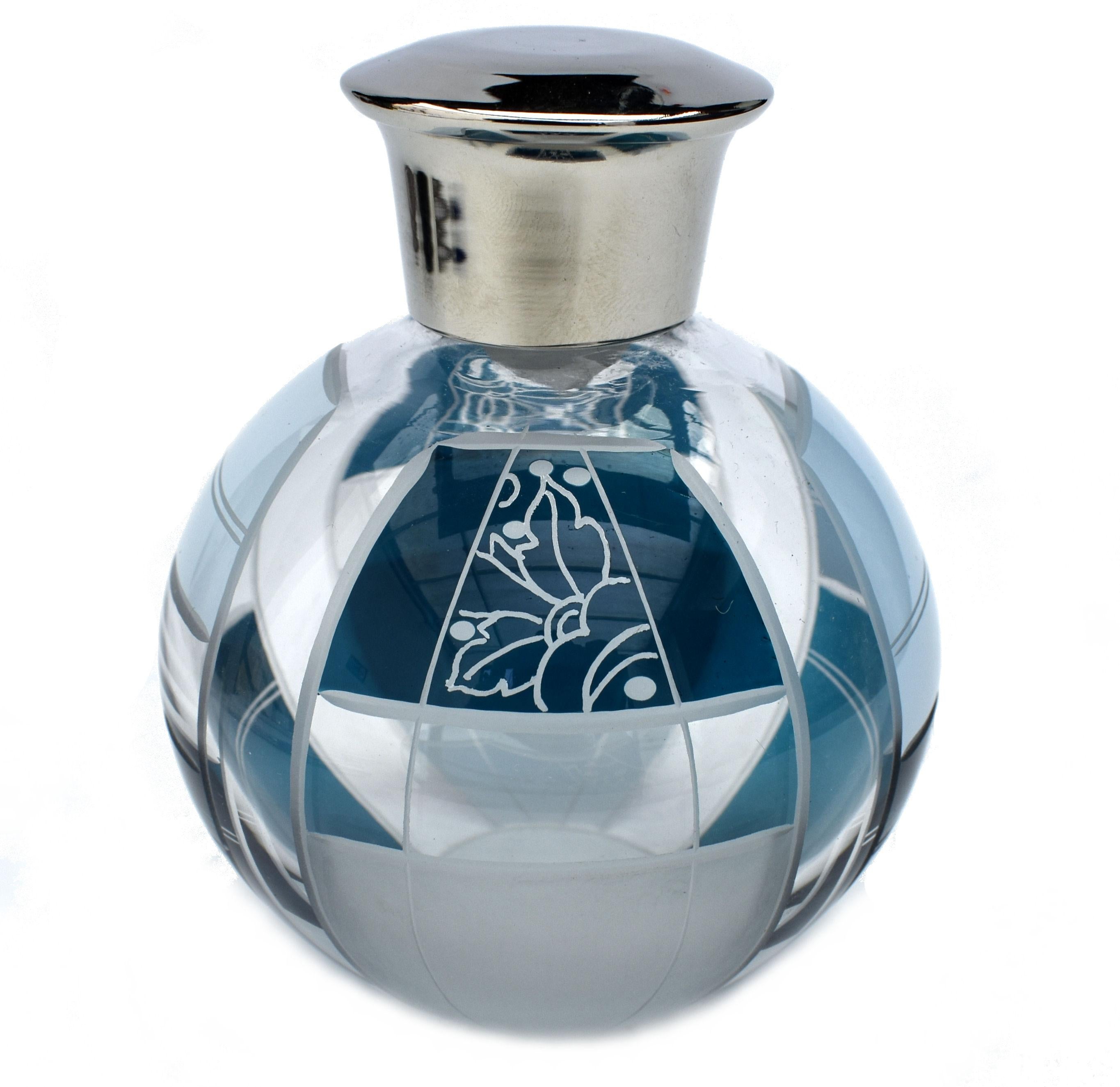 Etched Art Deco Glass & Silver Plate Perfume Bottle by Karl Palda, circa 1930 For Sale