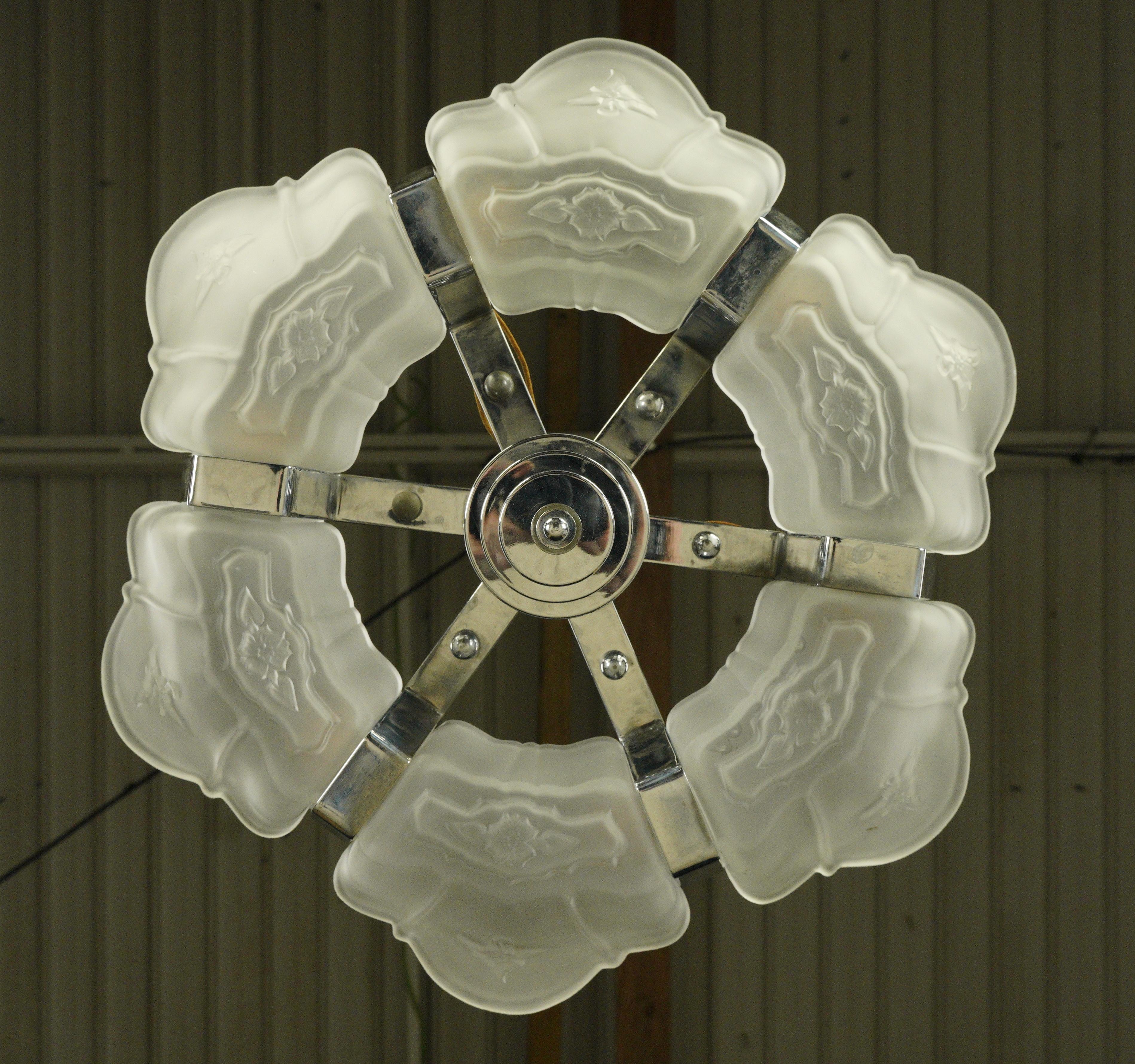 Art Deco Glass Slip Shade 6 Light Chandelier For Sale 10