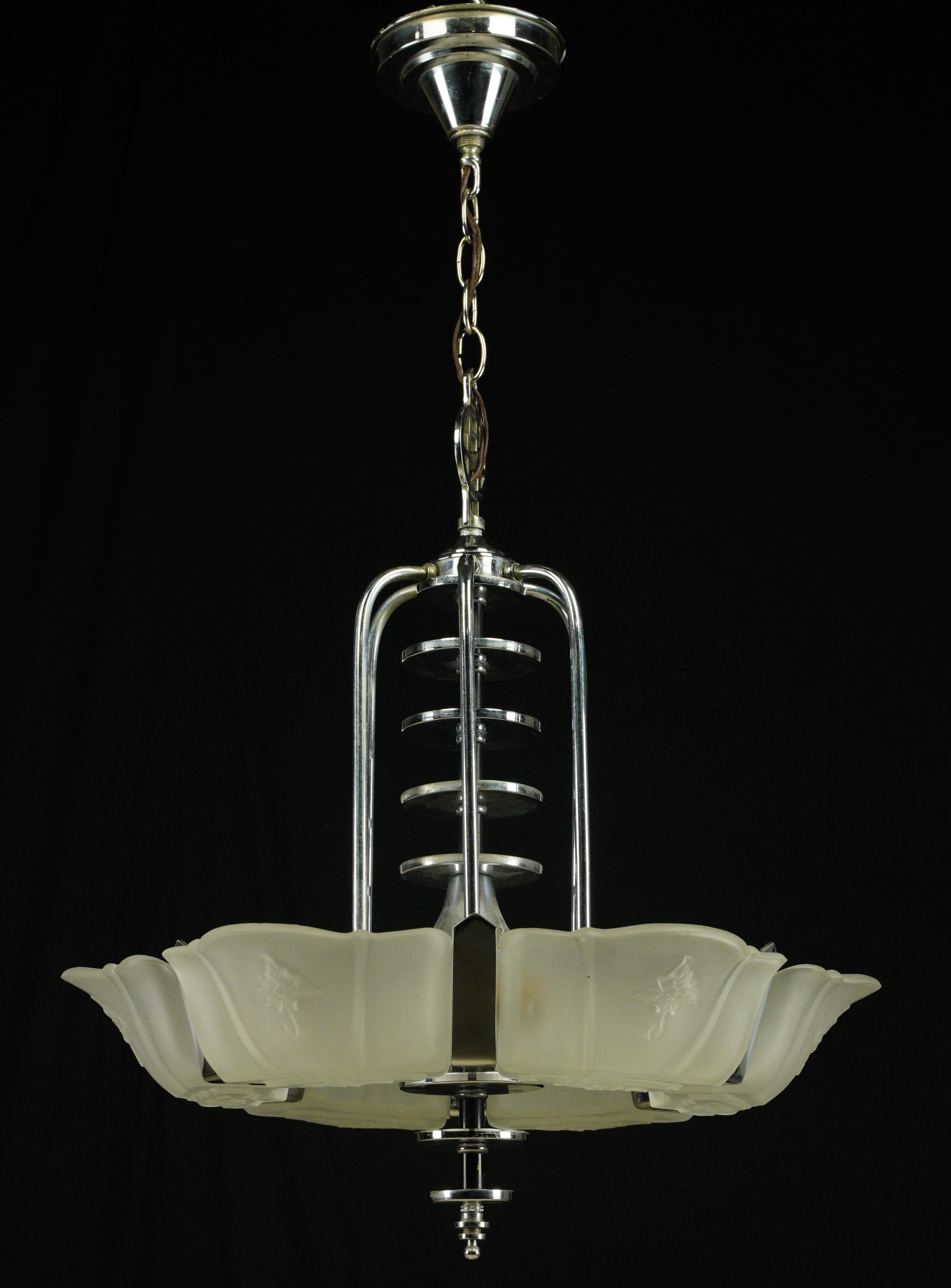 Art Deco Glass Slip Shade 6 Light Chandelier In Good Condition For Sale In New York, NY