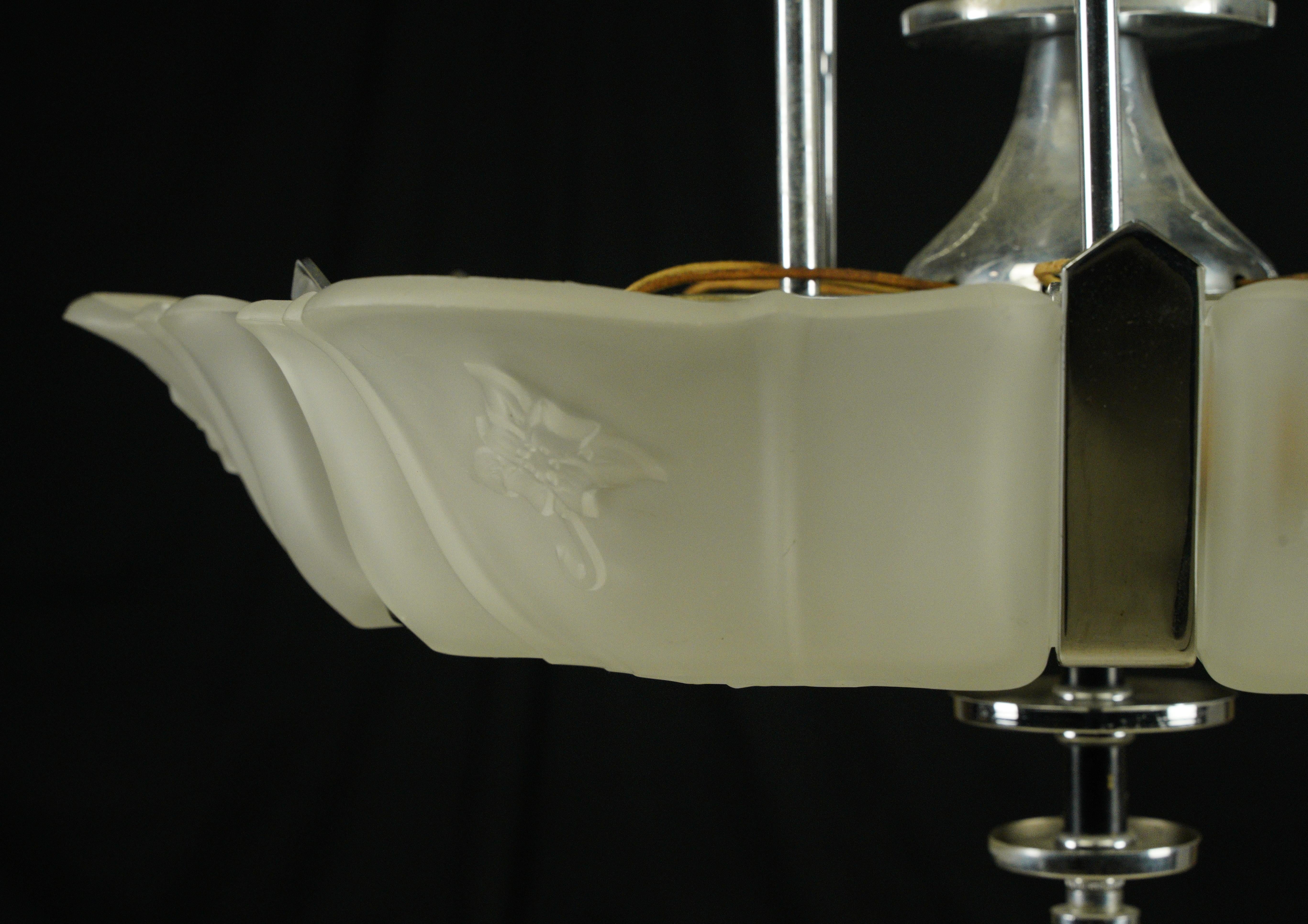 Metal Art Deco Glass Slip Shade 6 Light Chandelier For Sale