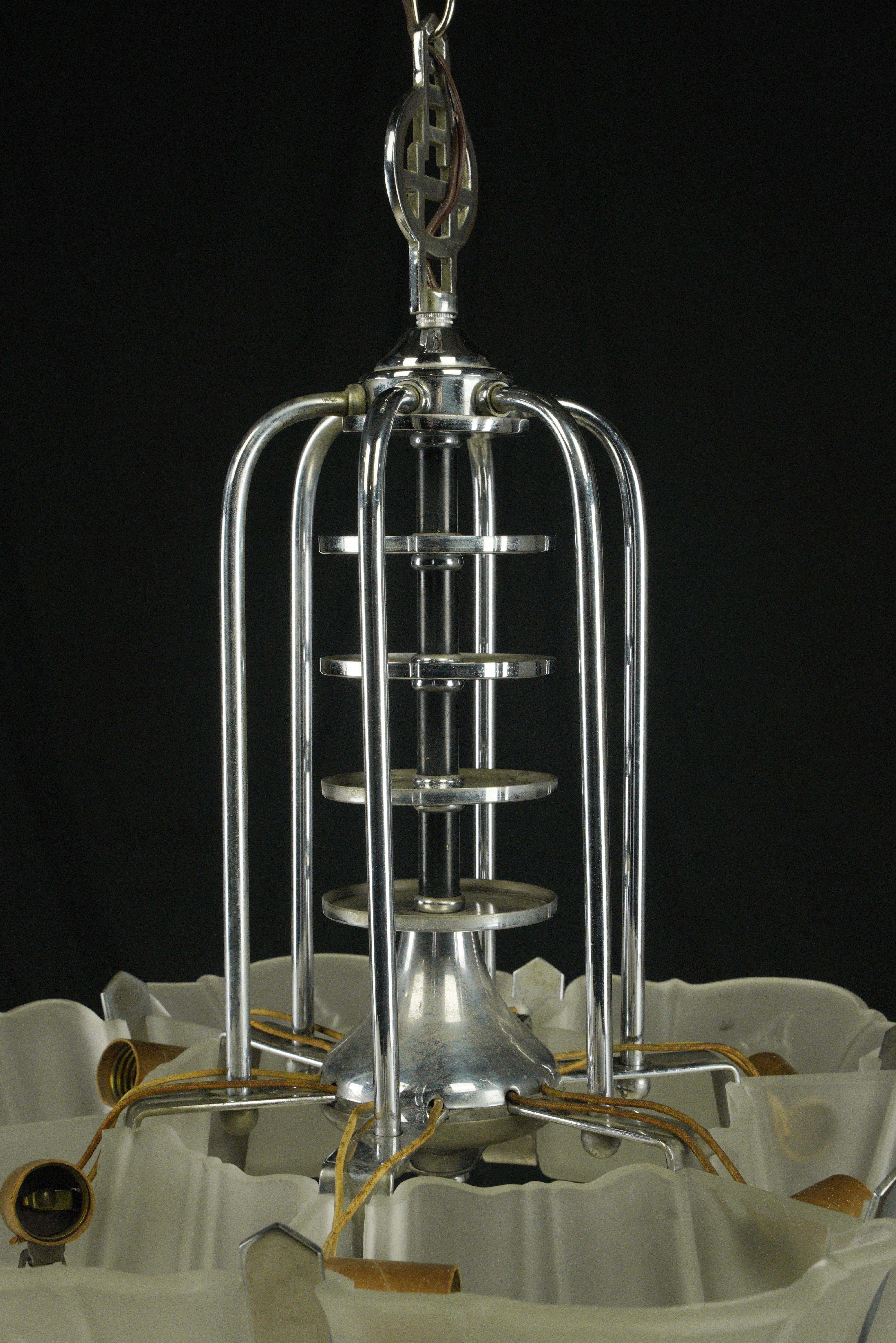 Art Deco Glass Slip Shade 6 Light Chandelier For Sale 2