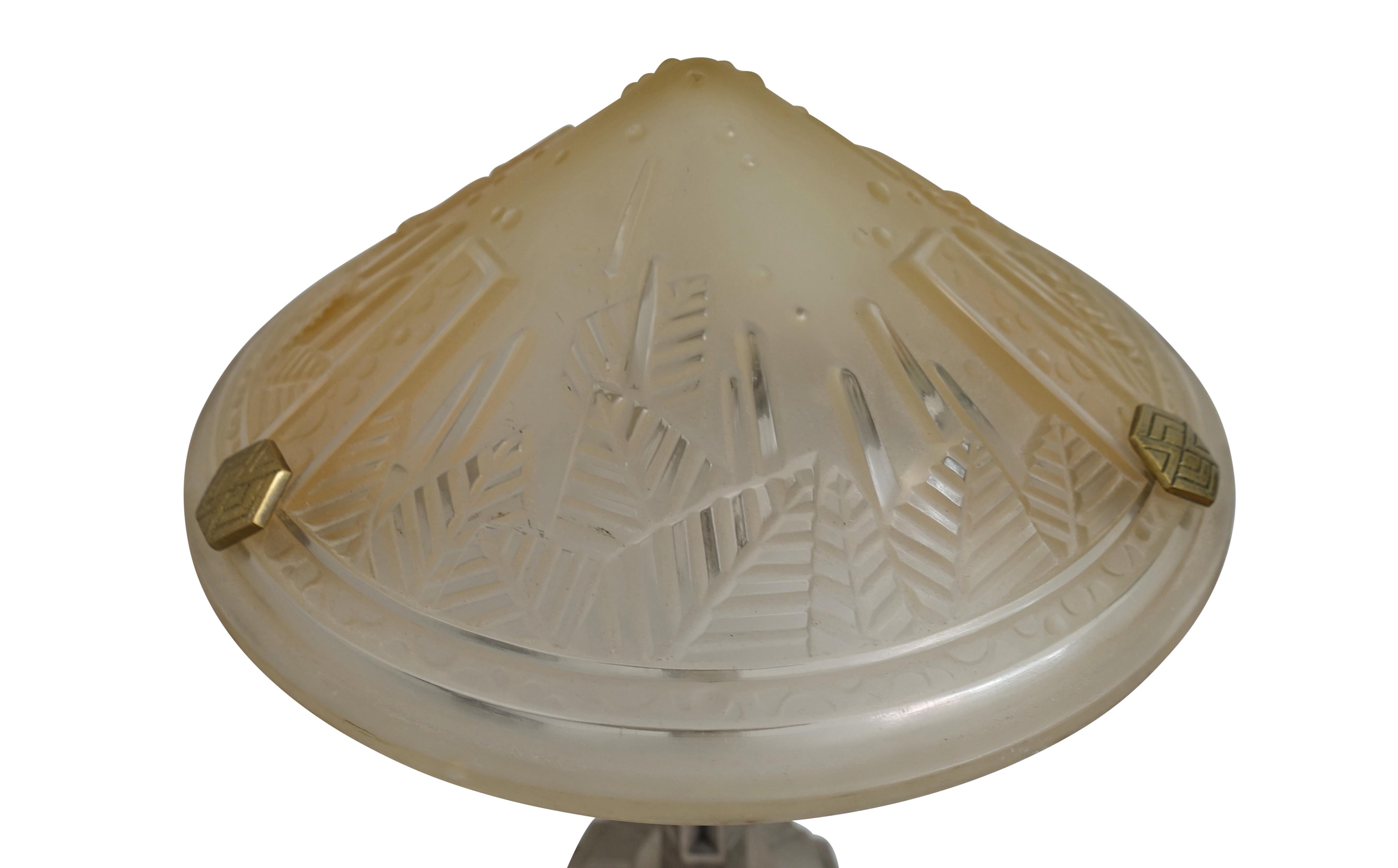 Etched Art Deco Glass Table Lamp, 1920s-1930s