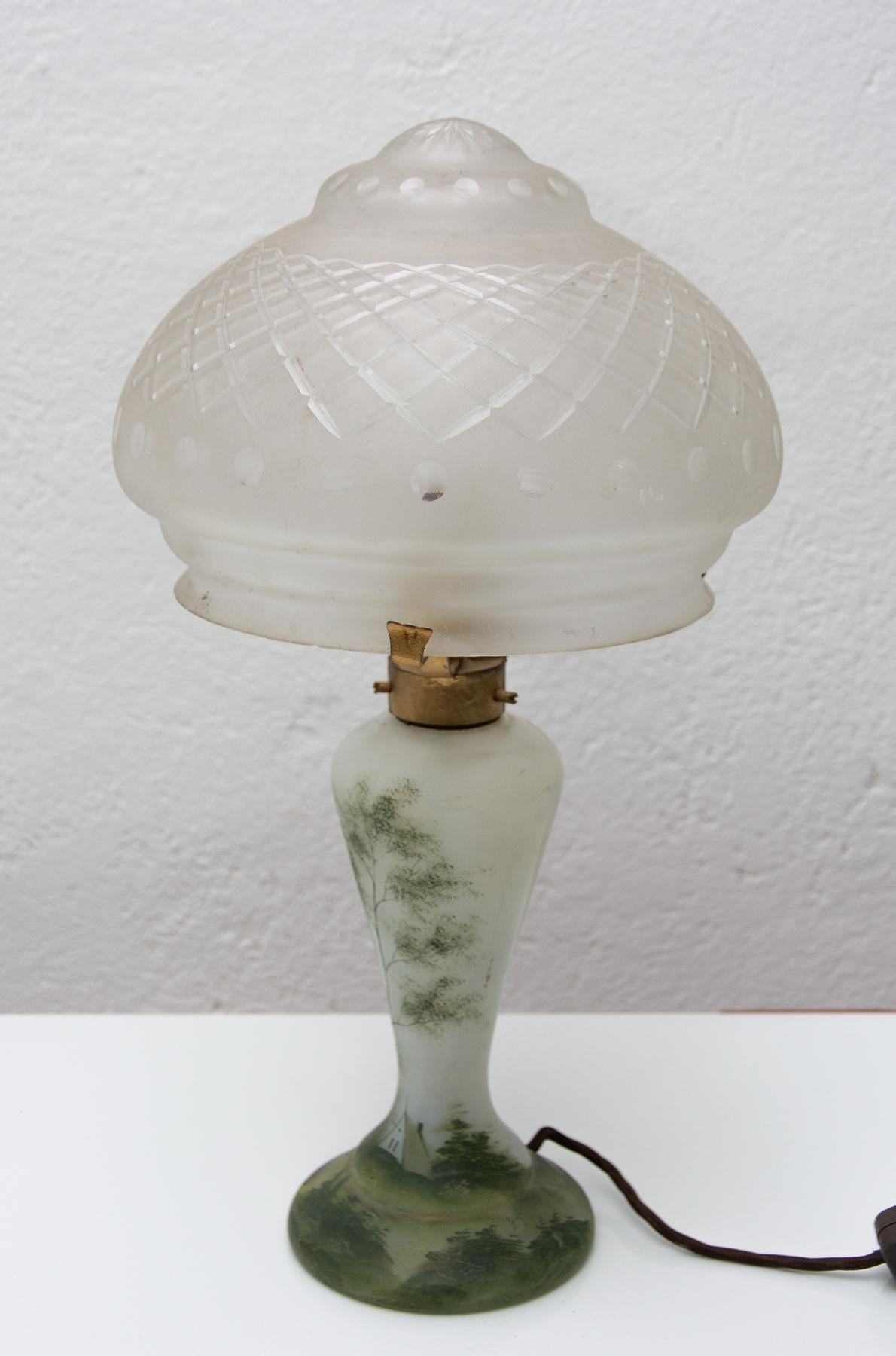 Czech Art Deco Glass Table Lamp, 1930s, Bohemia For Sale