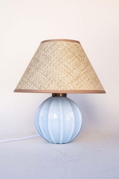 Art Deco Glass Table Lamp, Blue Opaline Glass & Raffia Shade, France 1930s