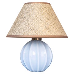 Art Deco Glass Table Lamp, Blue Opaline Glass & Raffia Shade, France 1930s