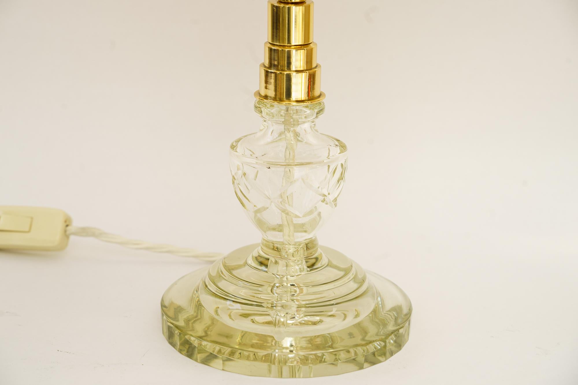 Art Deco Glass table lamp with fabric shade around 1920s  In Good Condition For Sale In Wien, AT