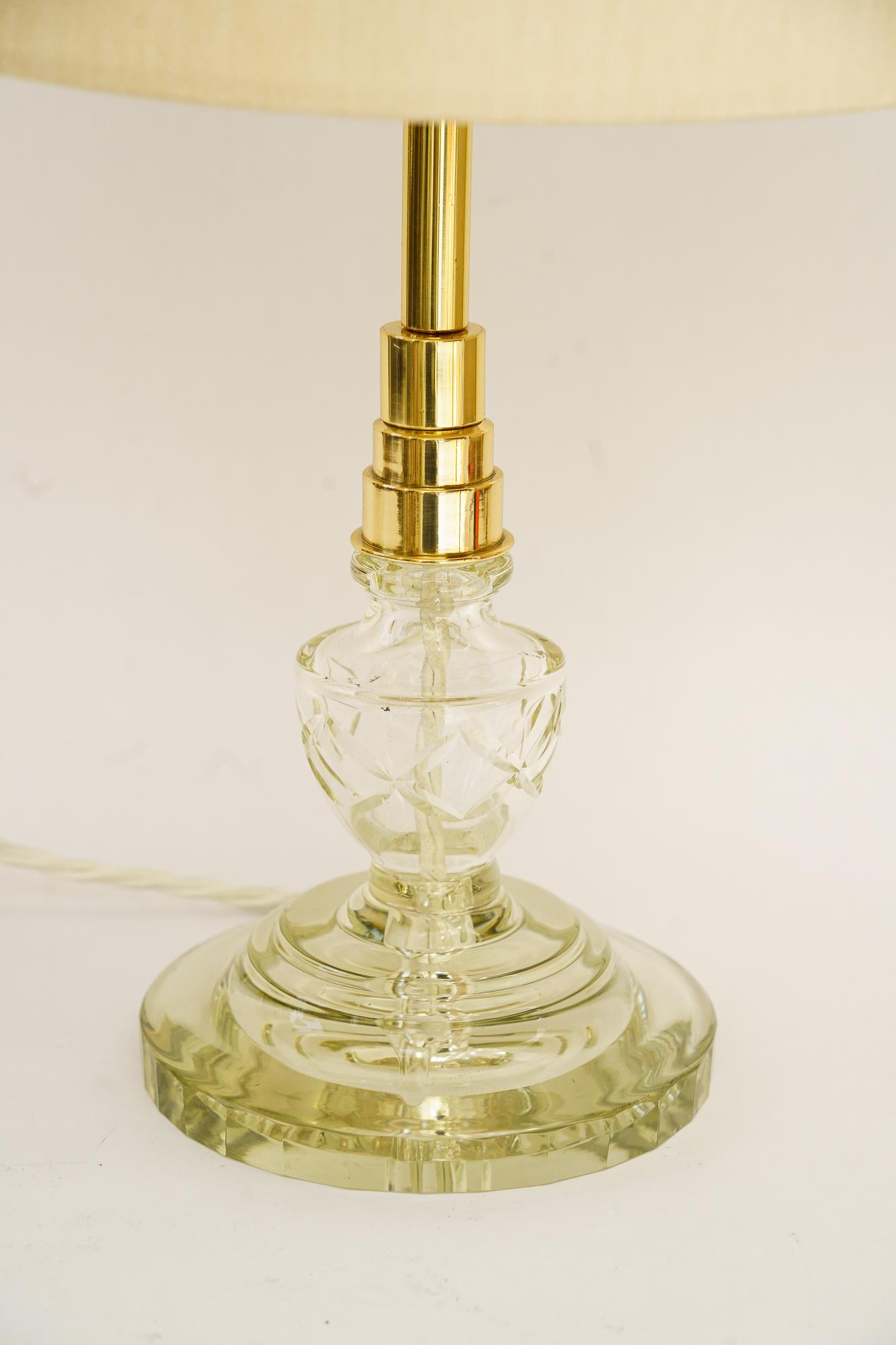 Early 20th Century Art Deco Glass table lamp with fabric shade around 1920s  For Sale