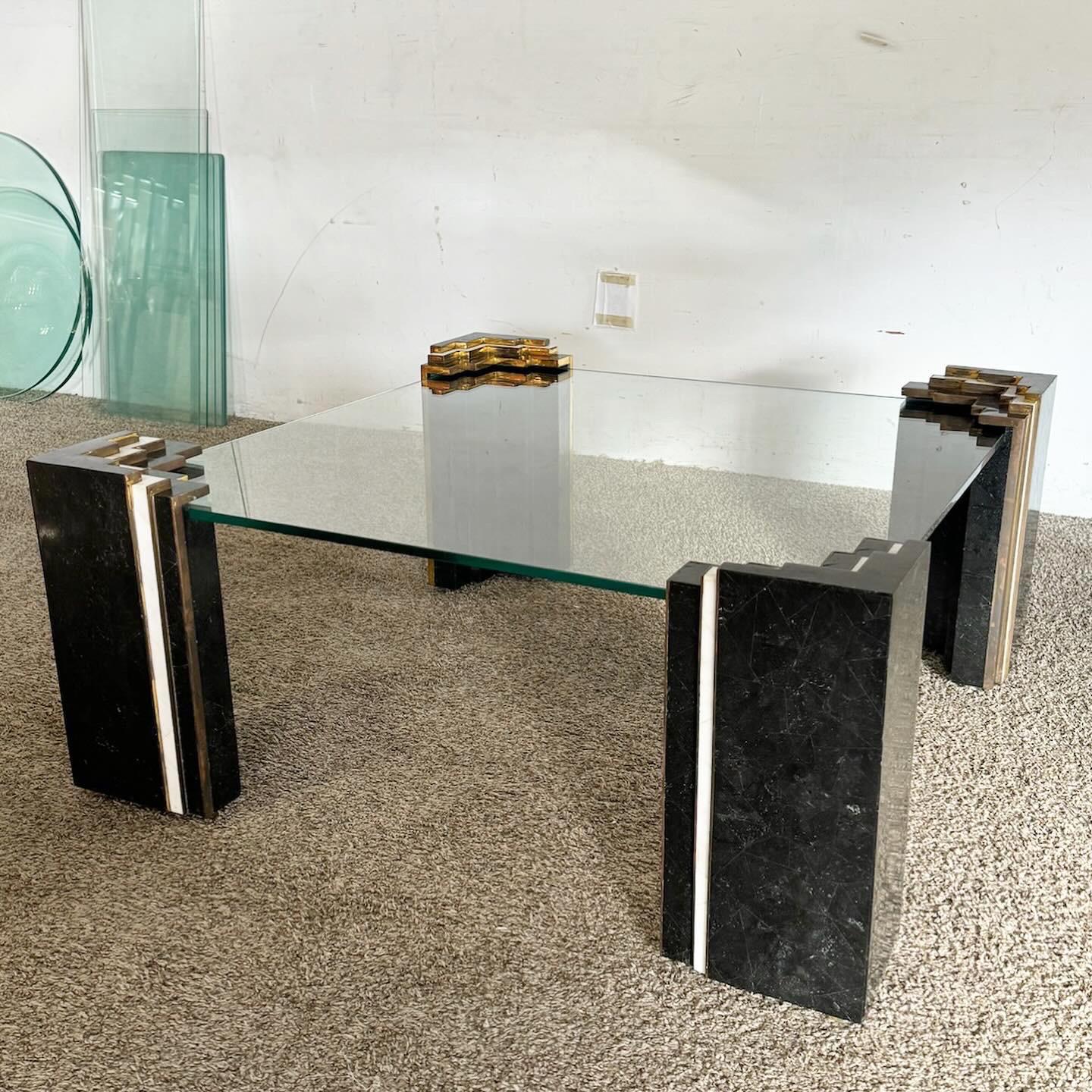 Art Deco Glass Tessellated Stone and Brass Glass Top Coffee Table In Good Condition For Sale In Delray Beach, FL