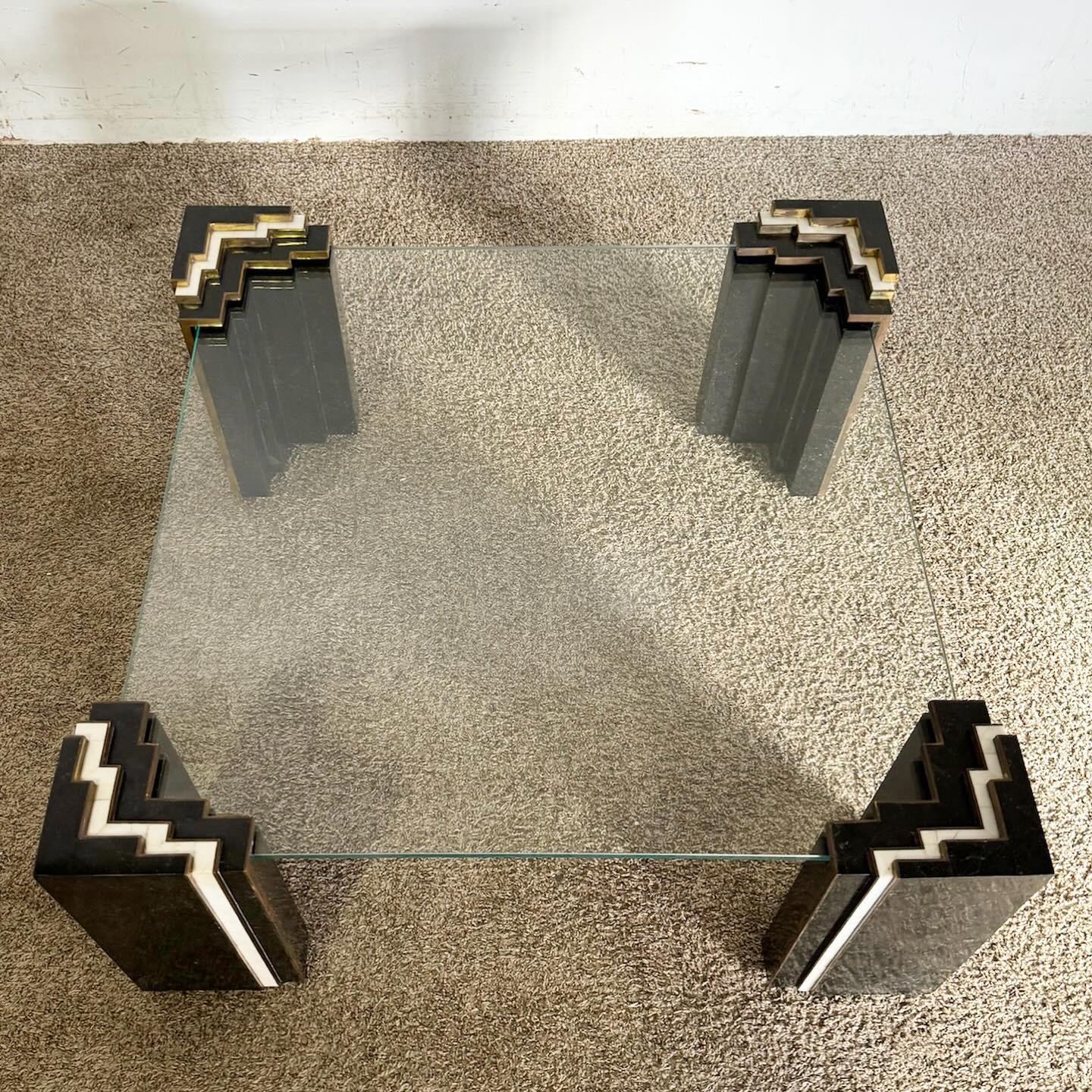20th Century Art Deco Glass Tessellated Stone and Brass Glass Top Coffee Table For Sale