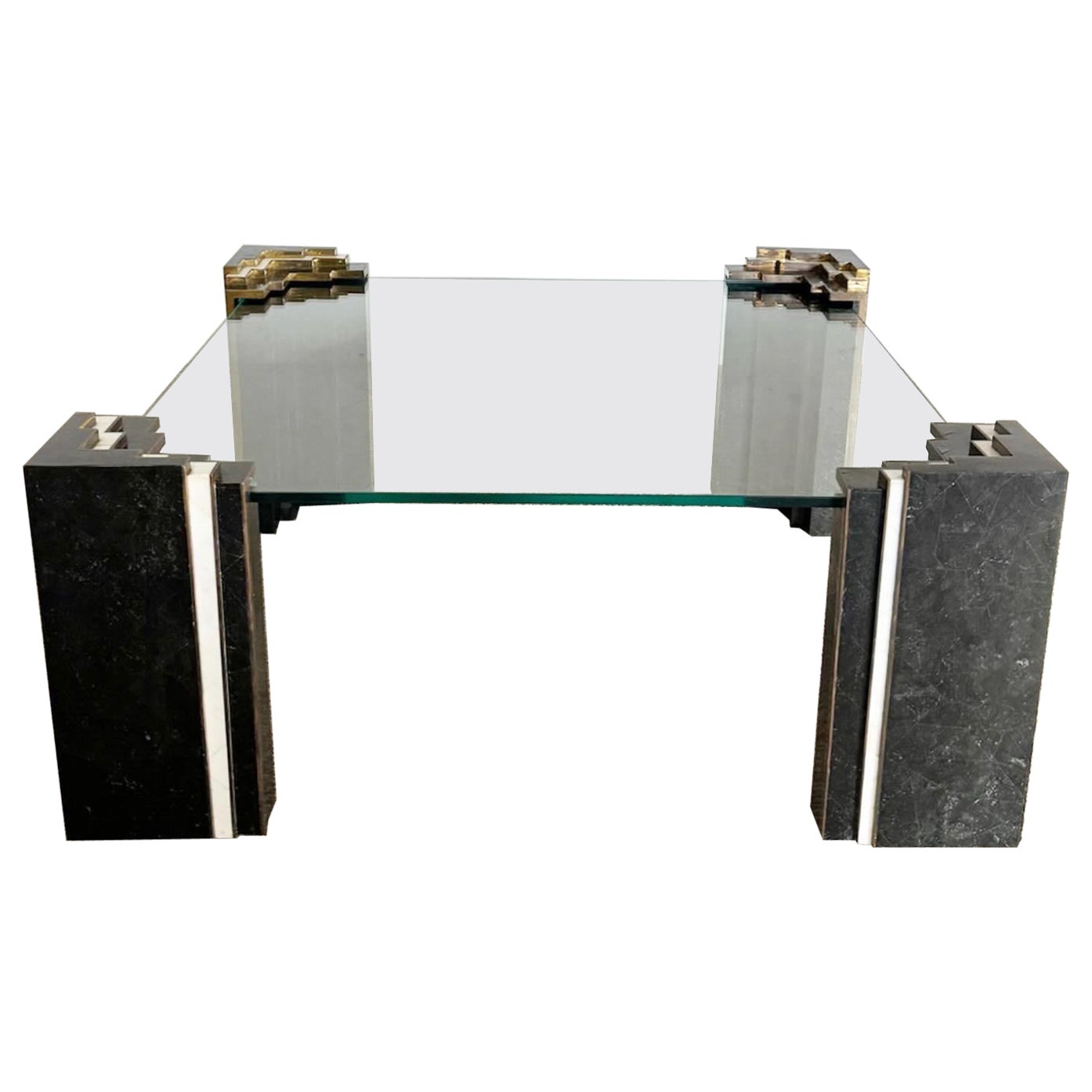 Art Deco Glass Tessellated Stone and Brass Glass Top Coffee Table