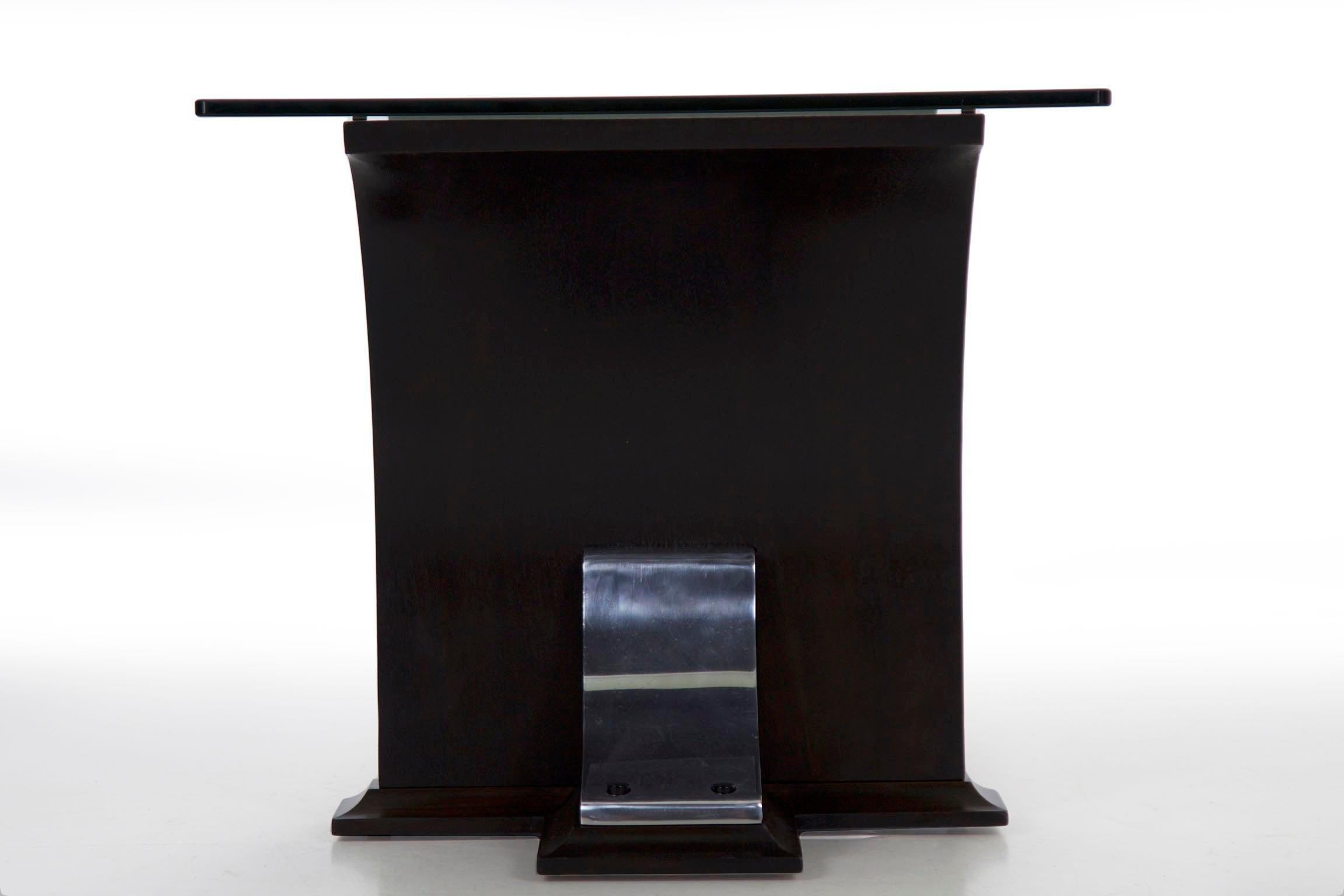 Art Deco Glass Top, Ebonized Black Walnut & Aluminum Accent Table 7