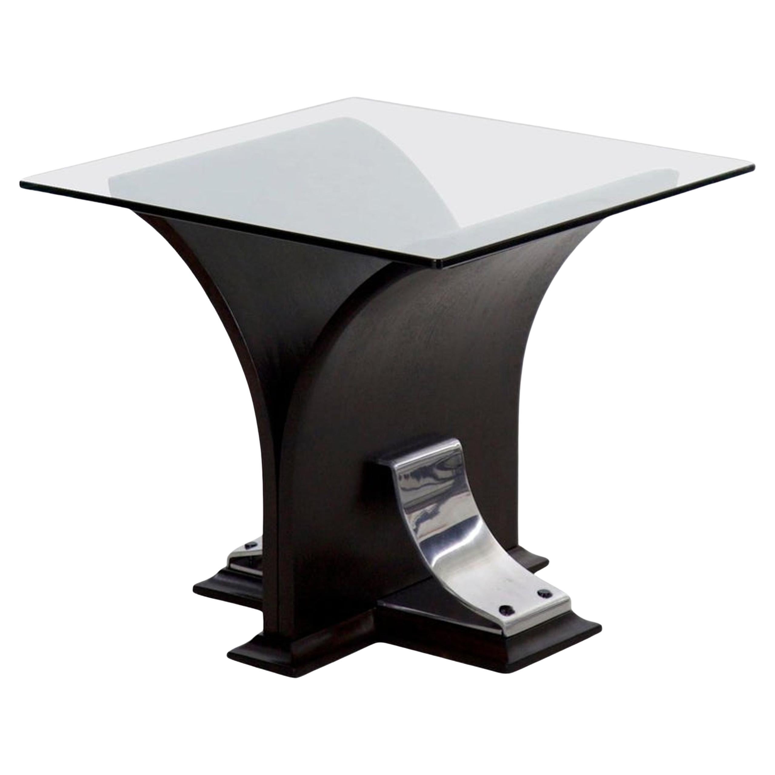 Art Deco Glass Top, Ebonized Black Walnut & Aluminum Accent Table
