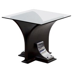 Art Deco Glass Top, Ebonized Black Walnut & Aluminum Accent Table