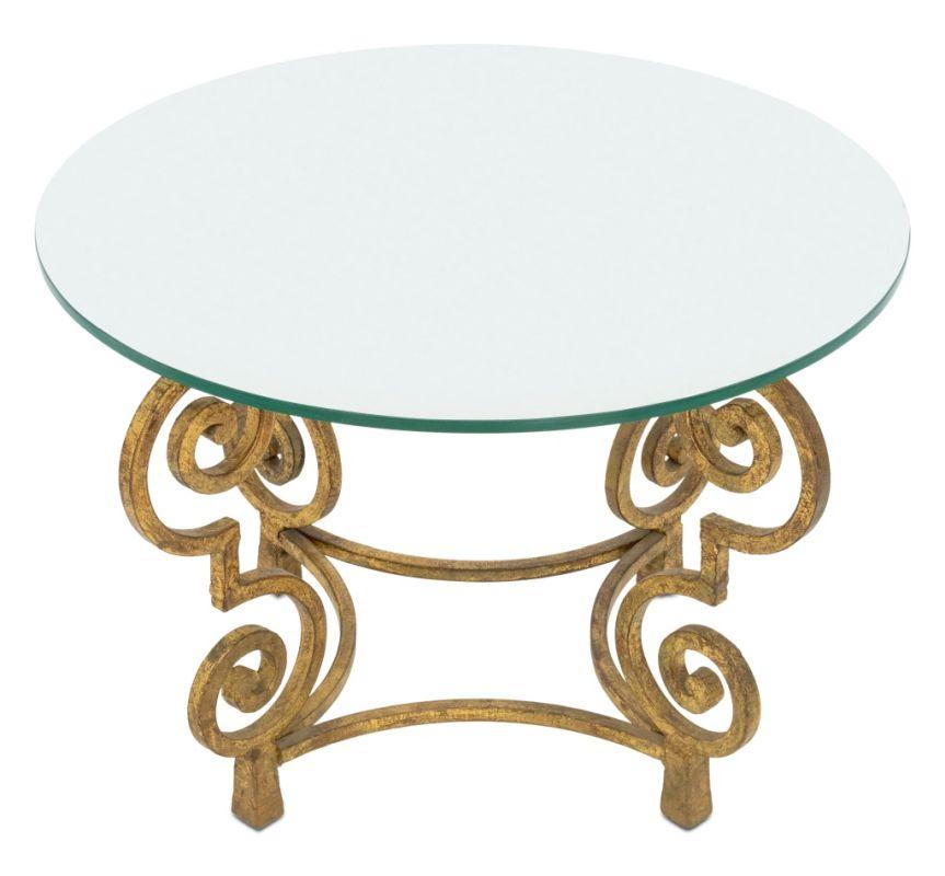 Table d'appoint circulaire en bois doré à plateau en verre, de style Art Déco français, avec base en forme de volute. 18