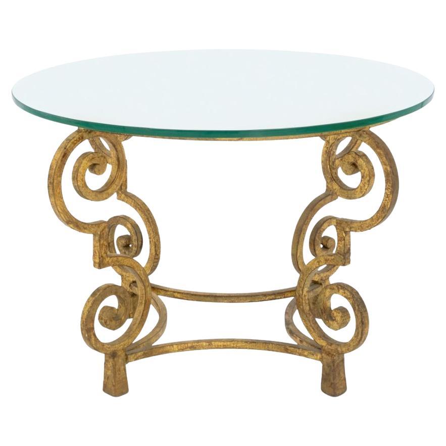 Tavolino circolare in legno dorato con piano in vetro Art Deco