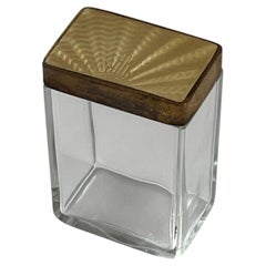 Art Deco Glass Vanity Jar with Gold coloured Guilloche Enamel Lid, Circa 1920s