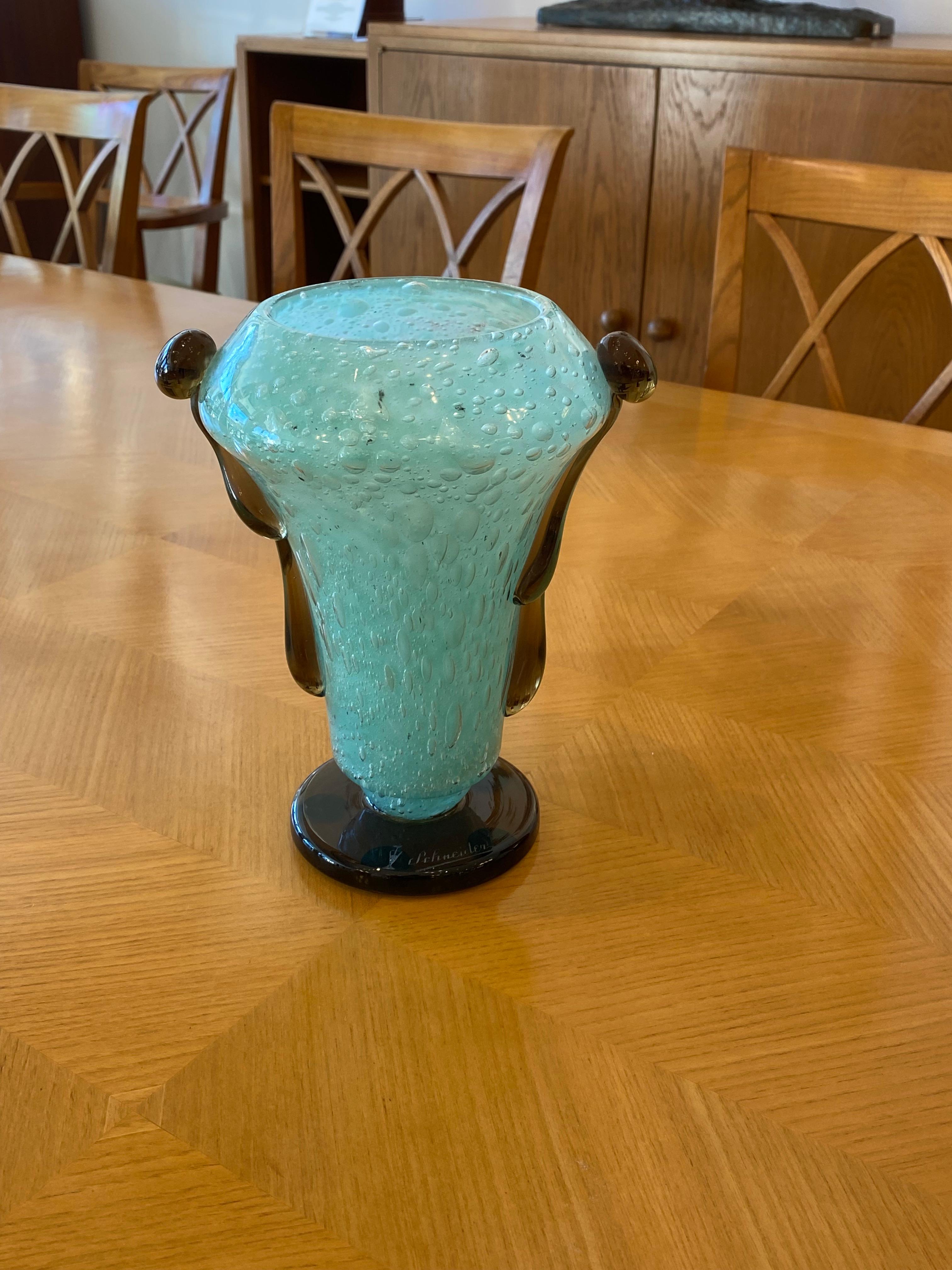Art Deco glass vase by Charles Schneider artistic direction, in a Jade color glass with application in dark brown color tear-like applications along the body.
Made in France
Circa: 1922
Signature: 