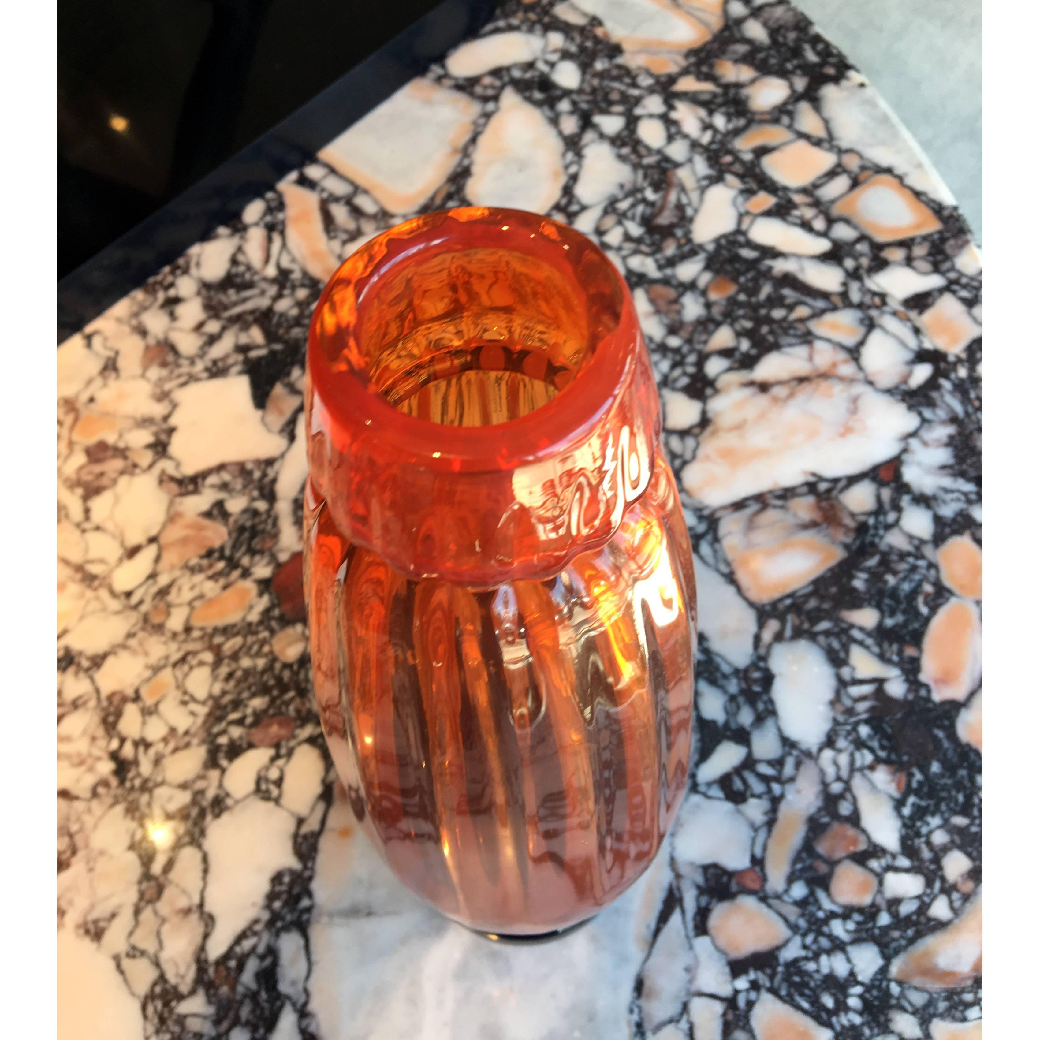 Molded Art Deco Glass Vase by Charles Schneider For Sale