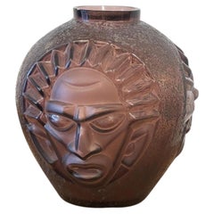 Art Deco Glass Vase "Tribal Faces" by Verrerie d'Art Degué (David Guéron)