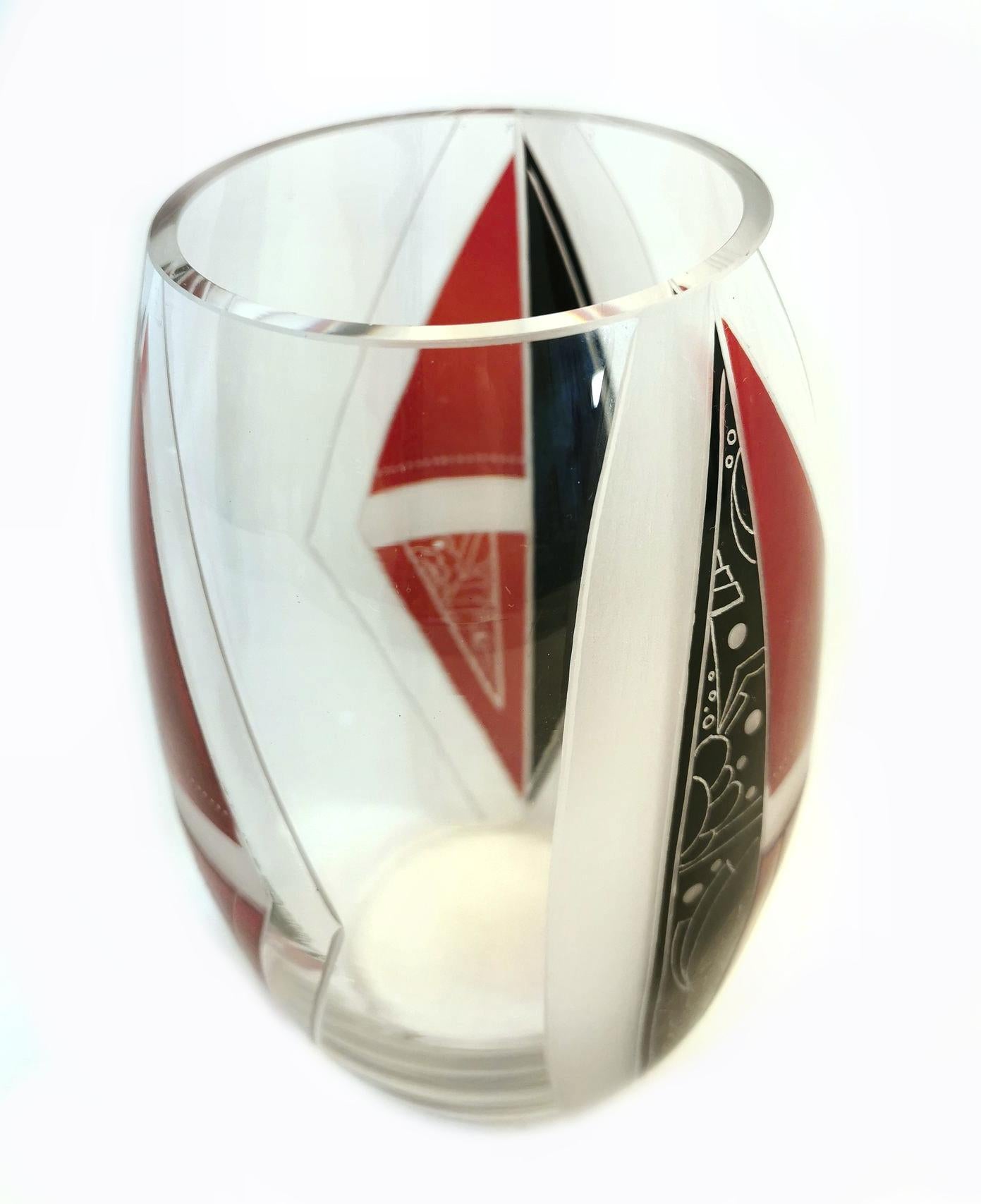 Fabulous Art Deco glass vase with super geometric enamel decoration, a wonderful piece for the discerning collector and those who appreciate the essence of style these pieces offer. Deceptively heavy and with vivid black and red enamel decoration