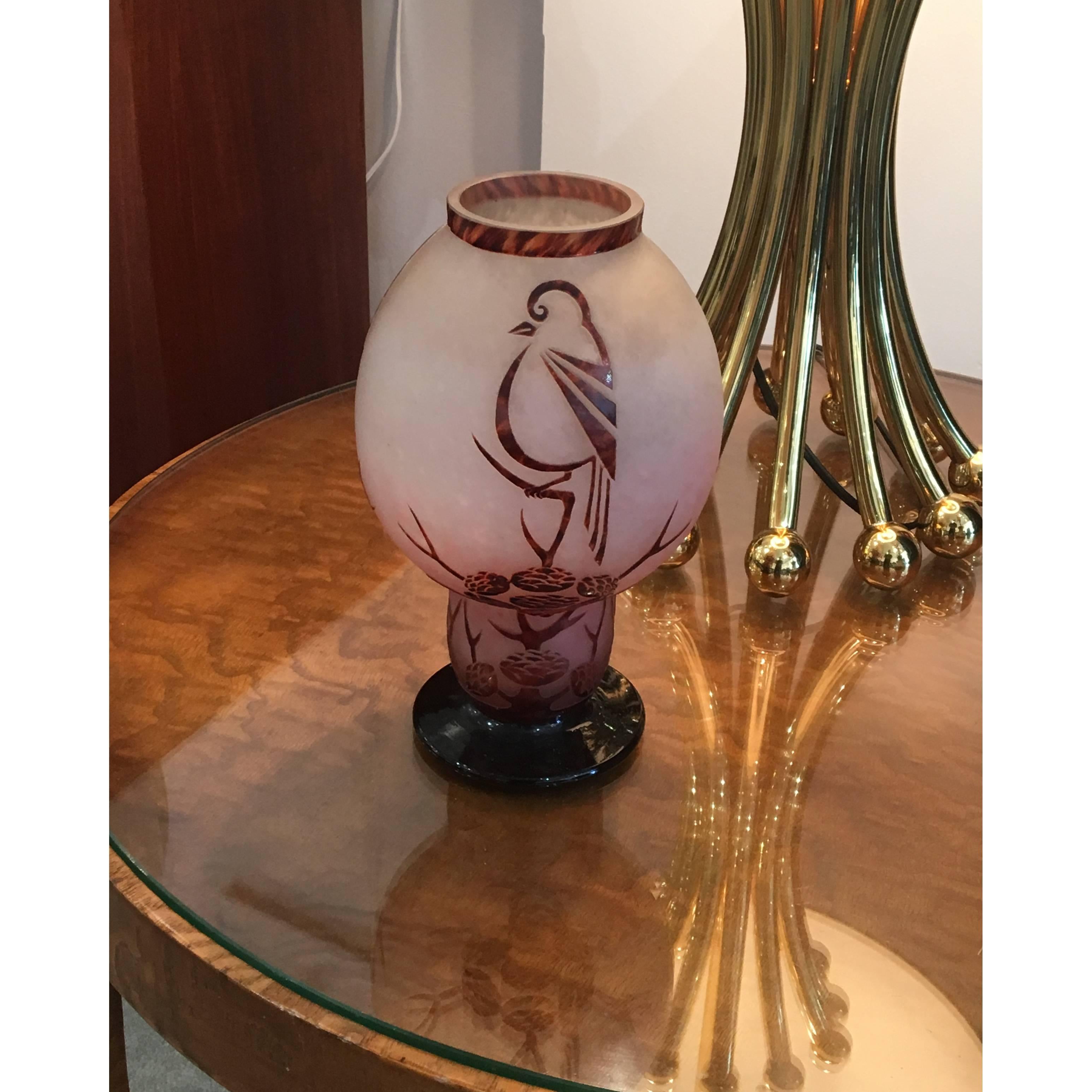 Beautiful Art Deco decorative glass vase by Le Verre Francais under the artistic direction of Charles Schneider; the piece has been acid-etched and wheel carved to depict the Pinsons bird pattern.
Made in France,
circa 1927.
Signature: Charder -