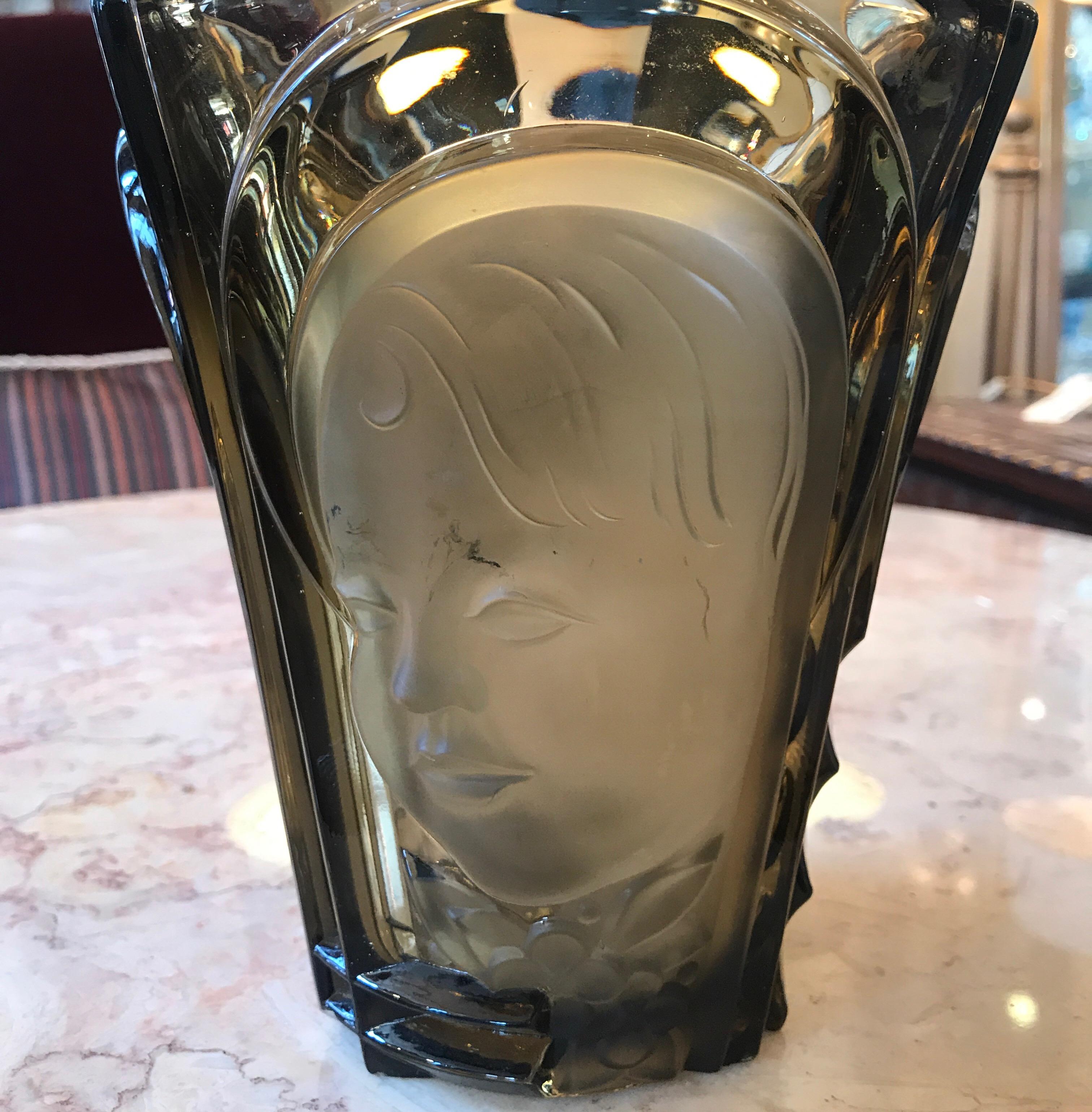 Stunning Art Deco glass vase with triple faces by Ogetti. The smokey topaz glass with frosted faces on three panels around the outside.