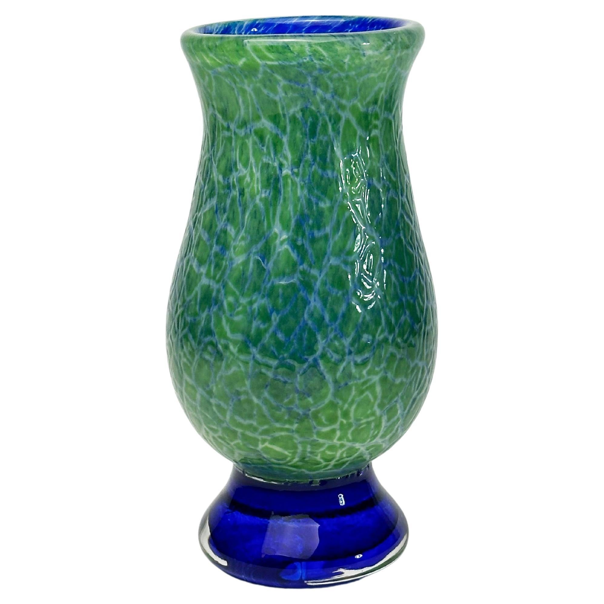 Art Deco Glass Vase, Green and Blue, Crackle Finish