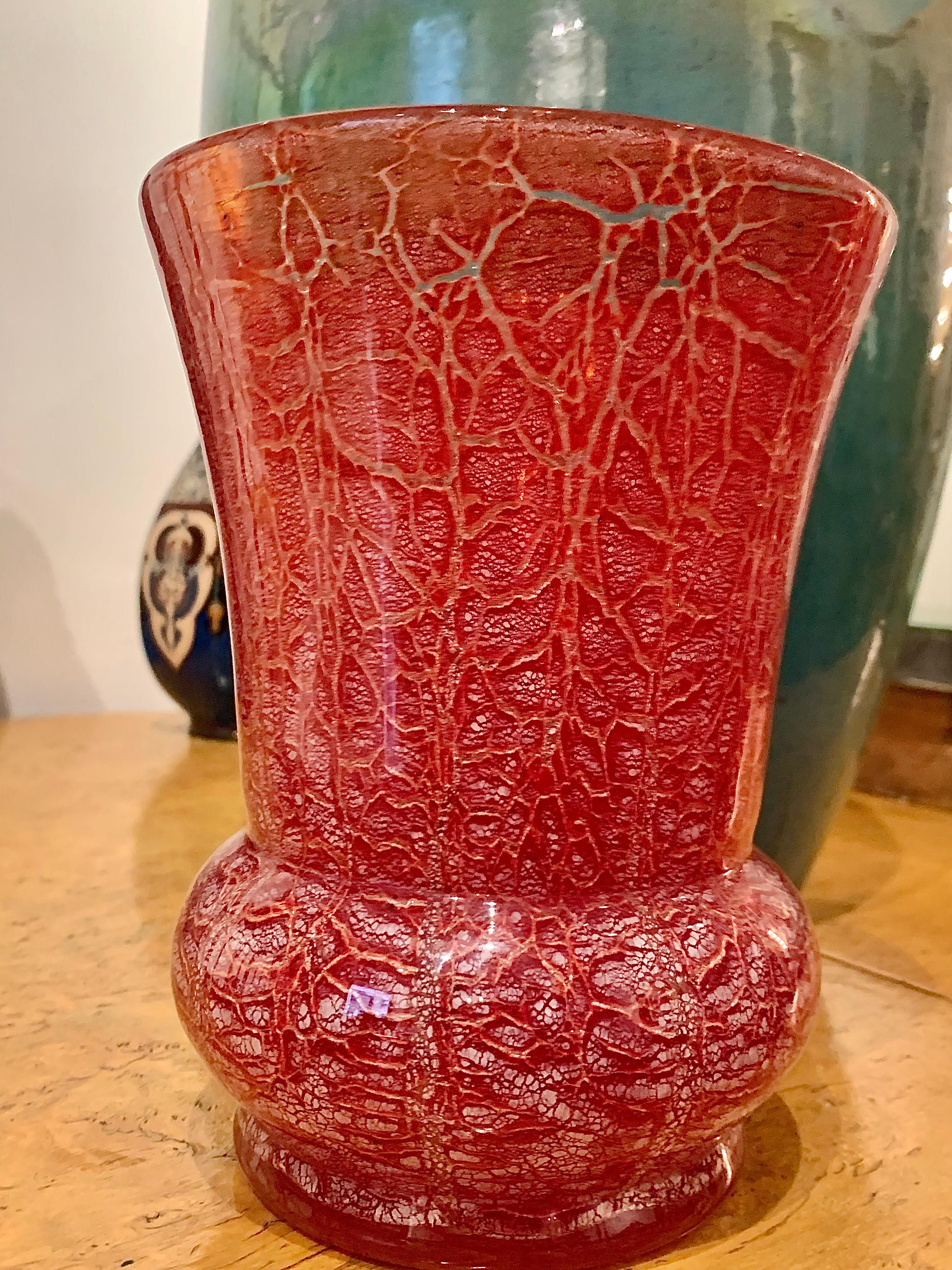 Art Deco Glass Vase Karl Wiedmann For WMF Red Glass With Silver Foil Inclusions In Good Condition For Sale In Munich, DE