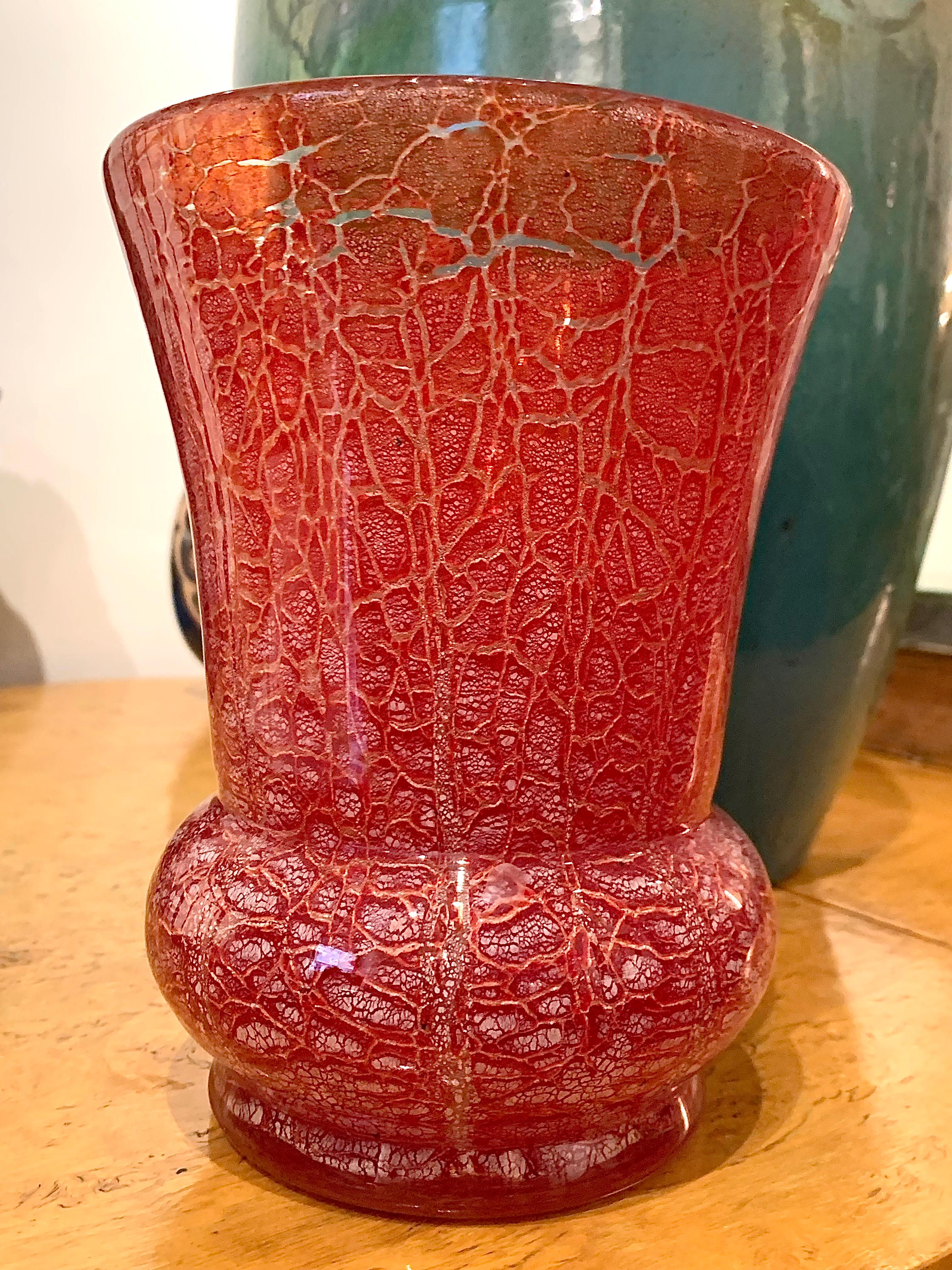 Mid-20th Century Art Deco Glass Vase Karl Wiedmann For WMF Red Glass With Silver Foil Inclusions For Sale