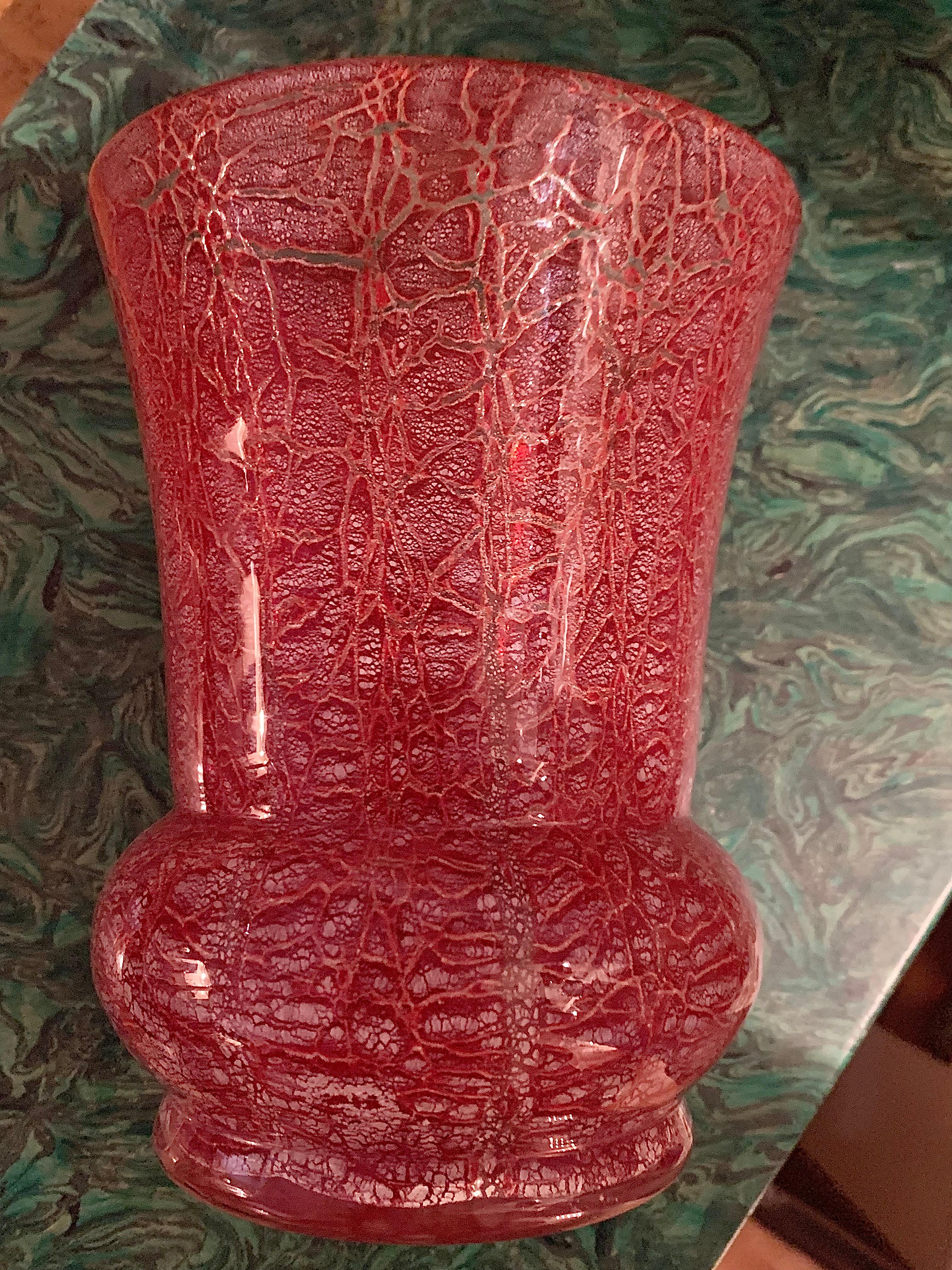 Art Deco Glass Vase Karl Wiedmann For WMF Red Glass With Silver Foil Inclusions For Sale 2