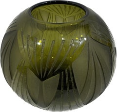 Art Deco Sandblasted Glass Vase by L Gras, Olive Green, France, 1930