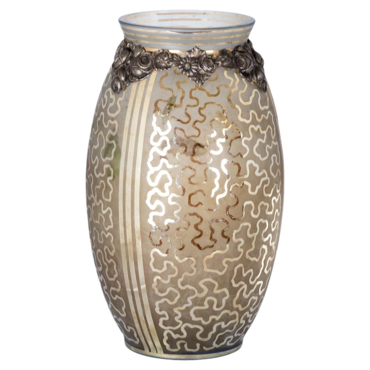 Art Deco Glass Vase with Metal Neck and Floral Motifs, France