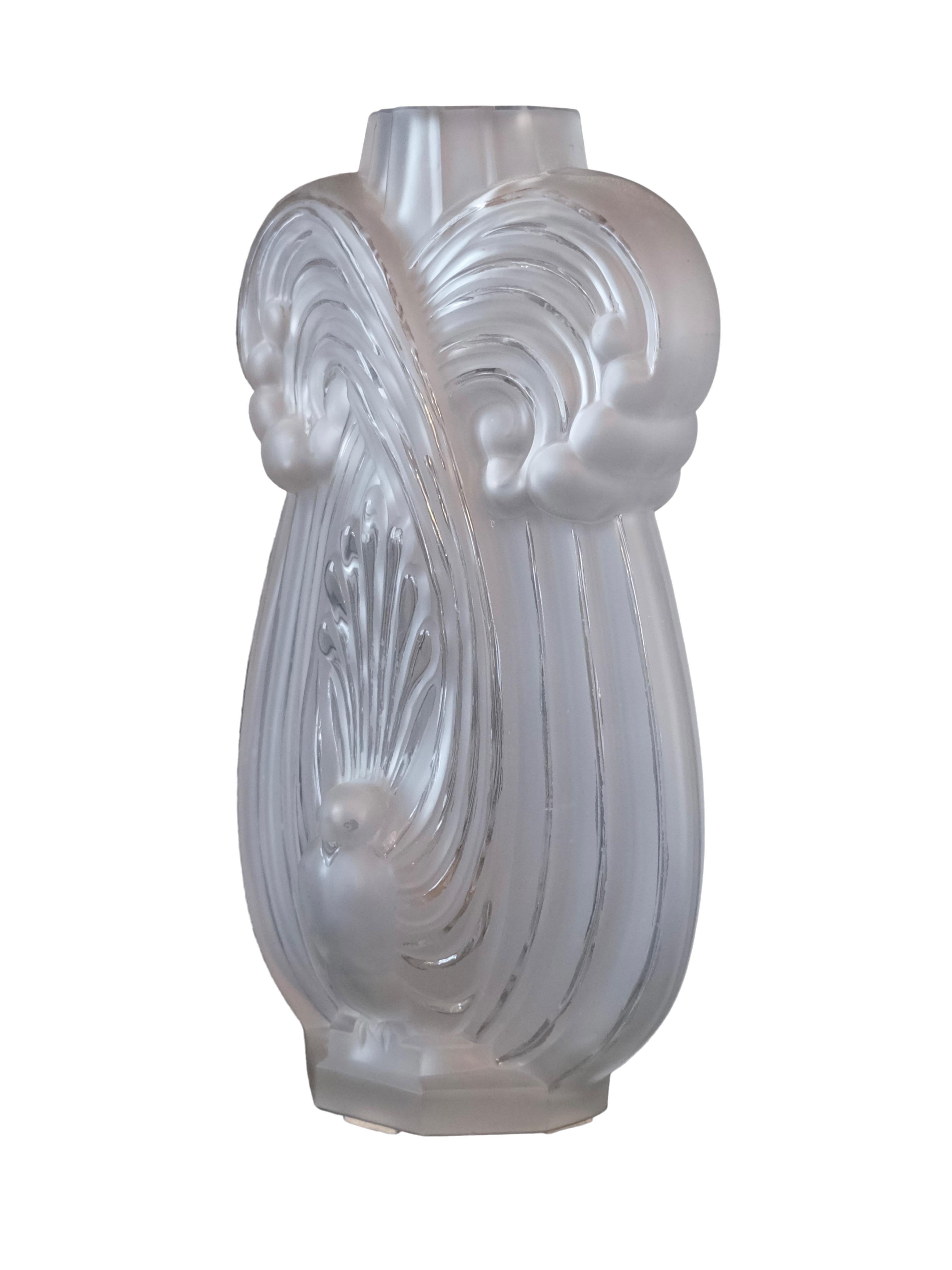 Art Nouveau Art Deco Glass vase with stylized peacock motif by Etling Paris For Sale