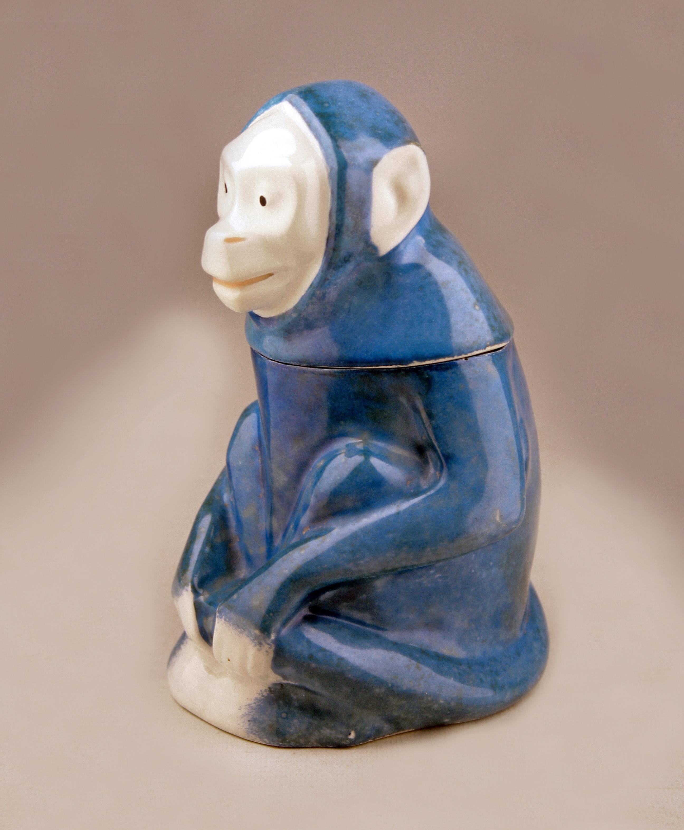 Art Deco Art Déco Glazed and Hand-Painted Ceramic Monkey Tobbaco Jar by E.M. Sandoz For Sale