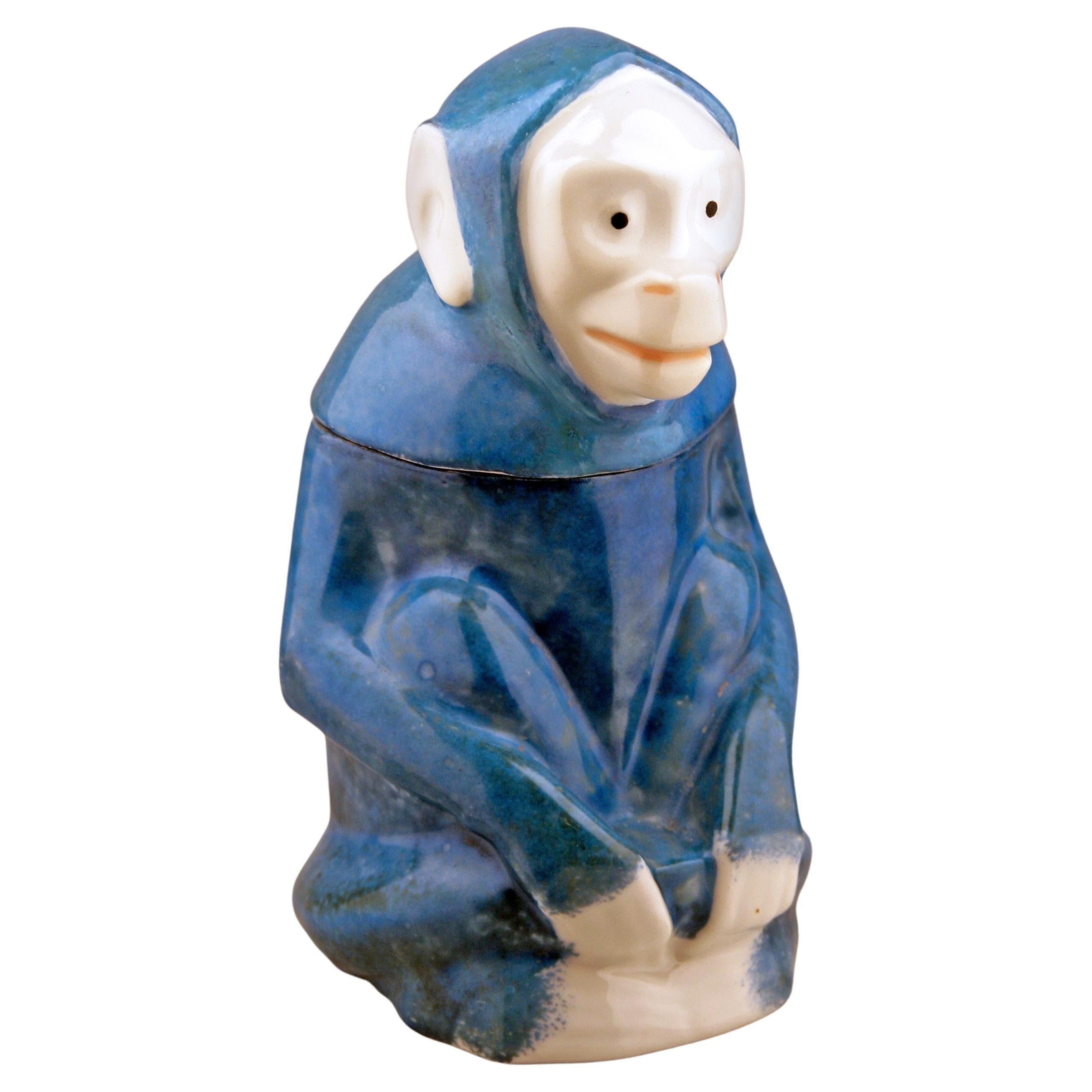 Art Déco Glazed and Hand-Painted Ceramic Monkey Tobbaco Jar by E.M. Sandoz For Sale