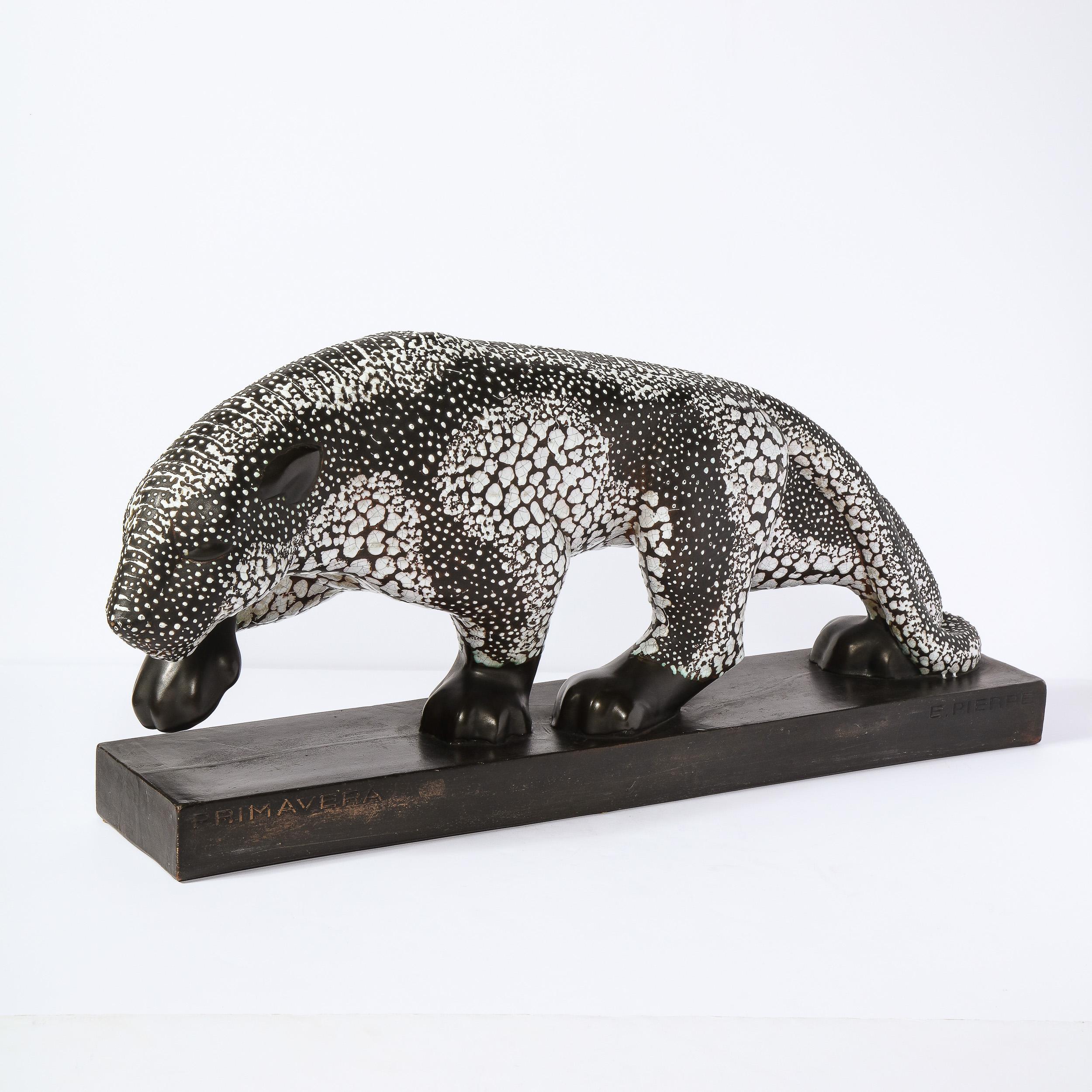 Art Deco Glazed Ceramic Panther Sculpture Signed E. Pierre for Atelier Primavera 5