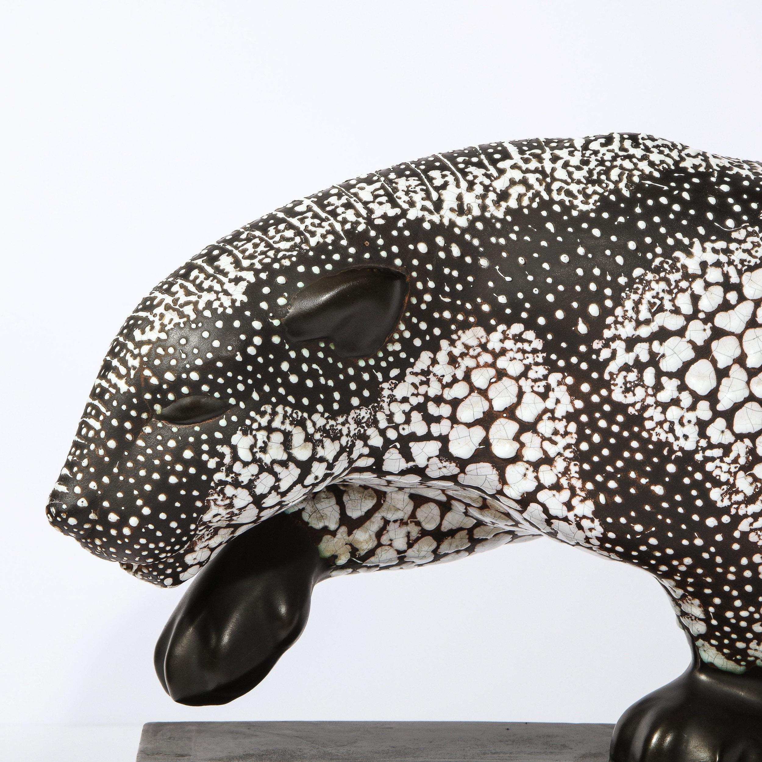 Early 20th Century Art Deco Glazed Ceramic Panther Sculpture Signed E. Pierre for Atelier Primavera