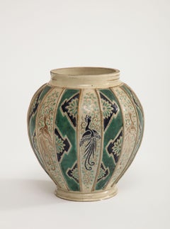 Art Deco Glazed Green and Natural Pottery Vase with Hand Painted Birds, Germany
