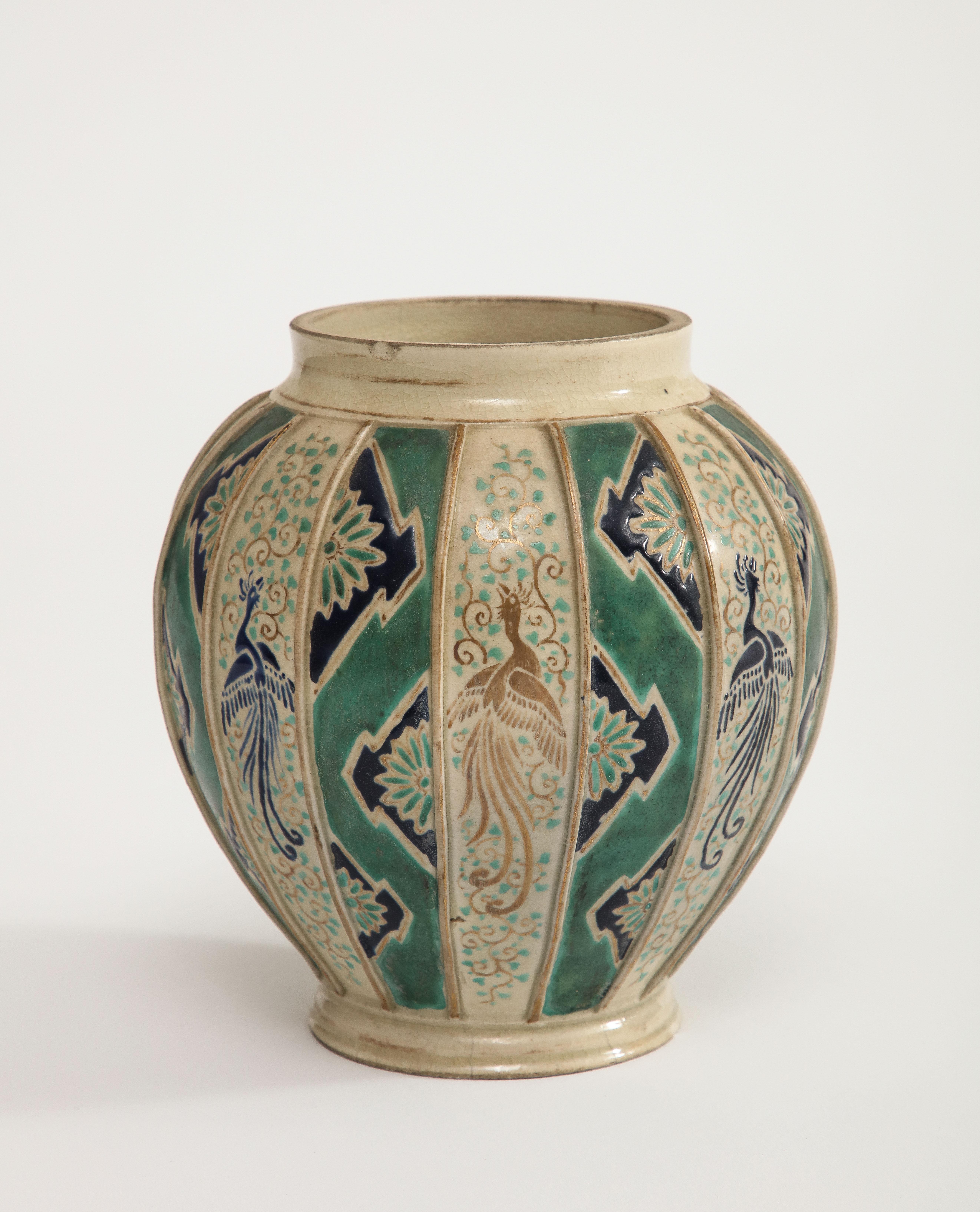 Art Deco Glazed Green and Natural Pottery Vase with Hand Painted Birds, Germany In Good Condition In Chicago, IL
