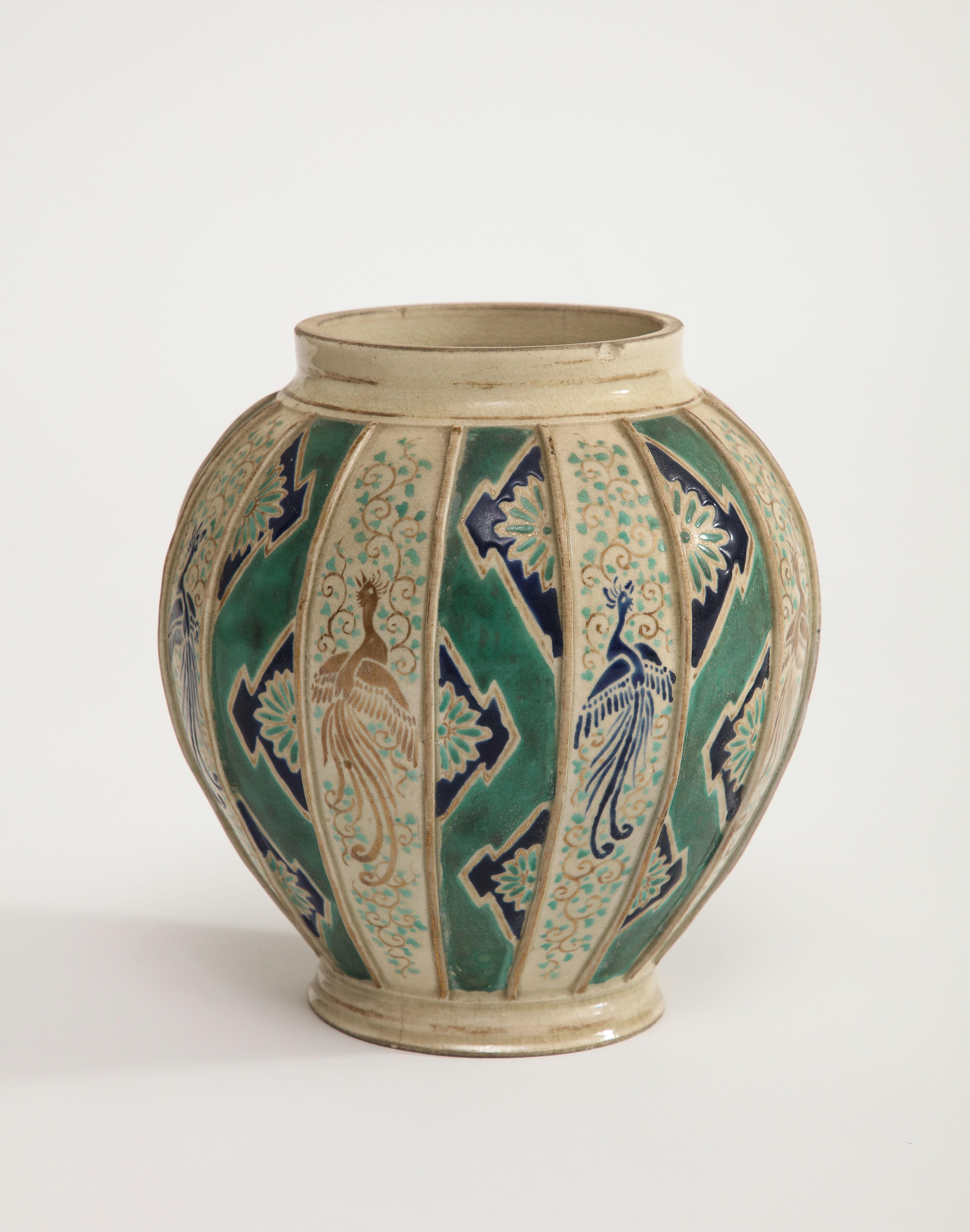 Early 20th Century Art Deco Glazed Green and Natural Pottery Vase with Hand Painted Birds, Germany