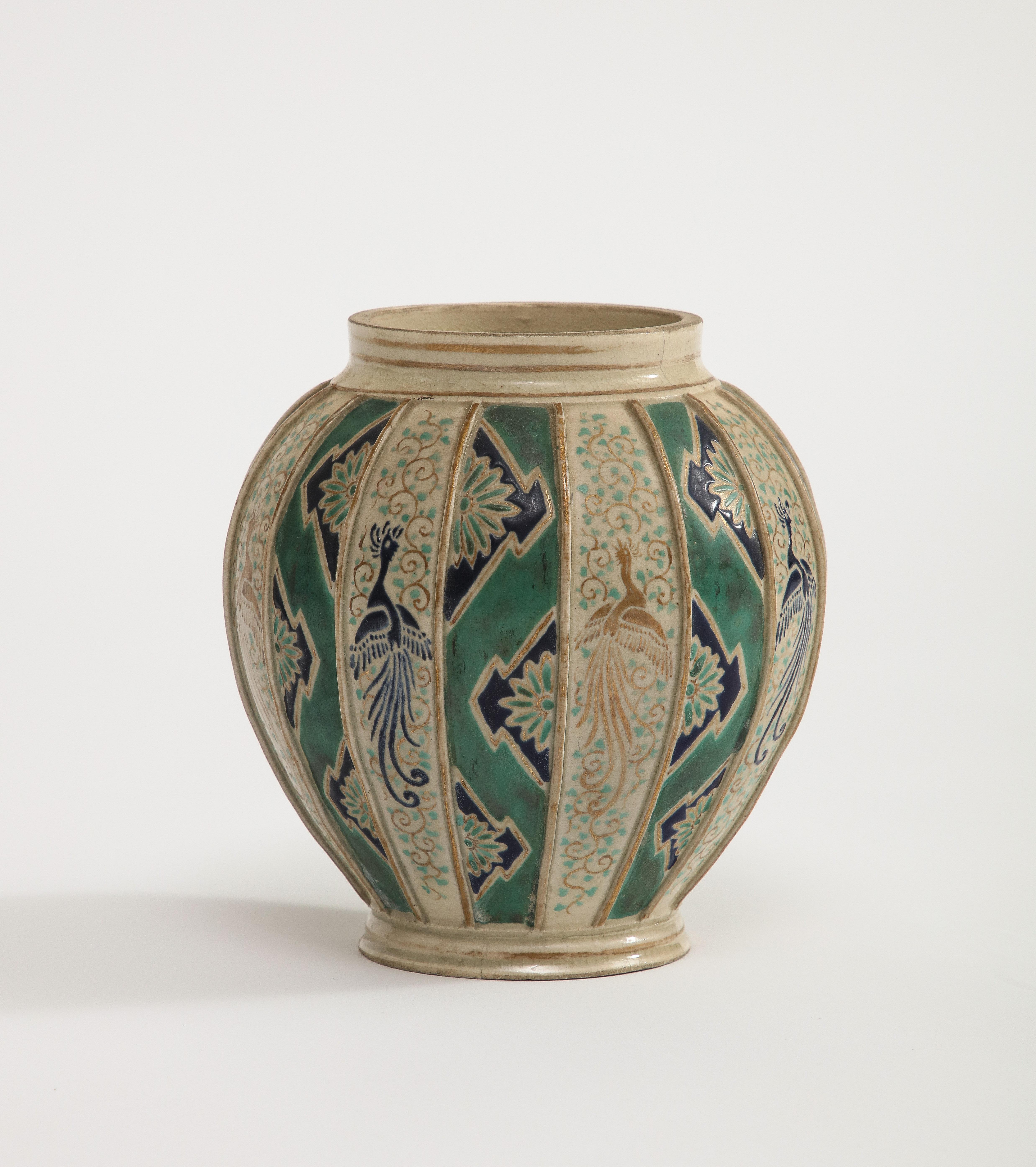 Early 20th Century Art Deco Glazed Green and Natural Pottery Vase with Hand Painted Birds, Germany For Sale