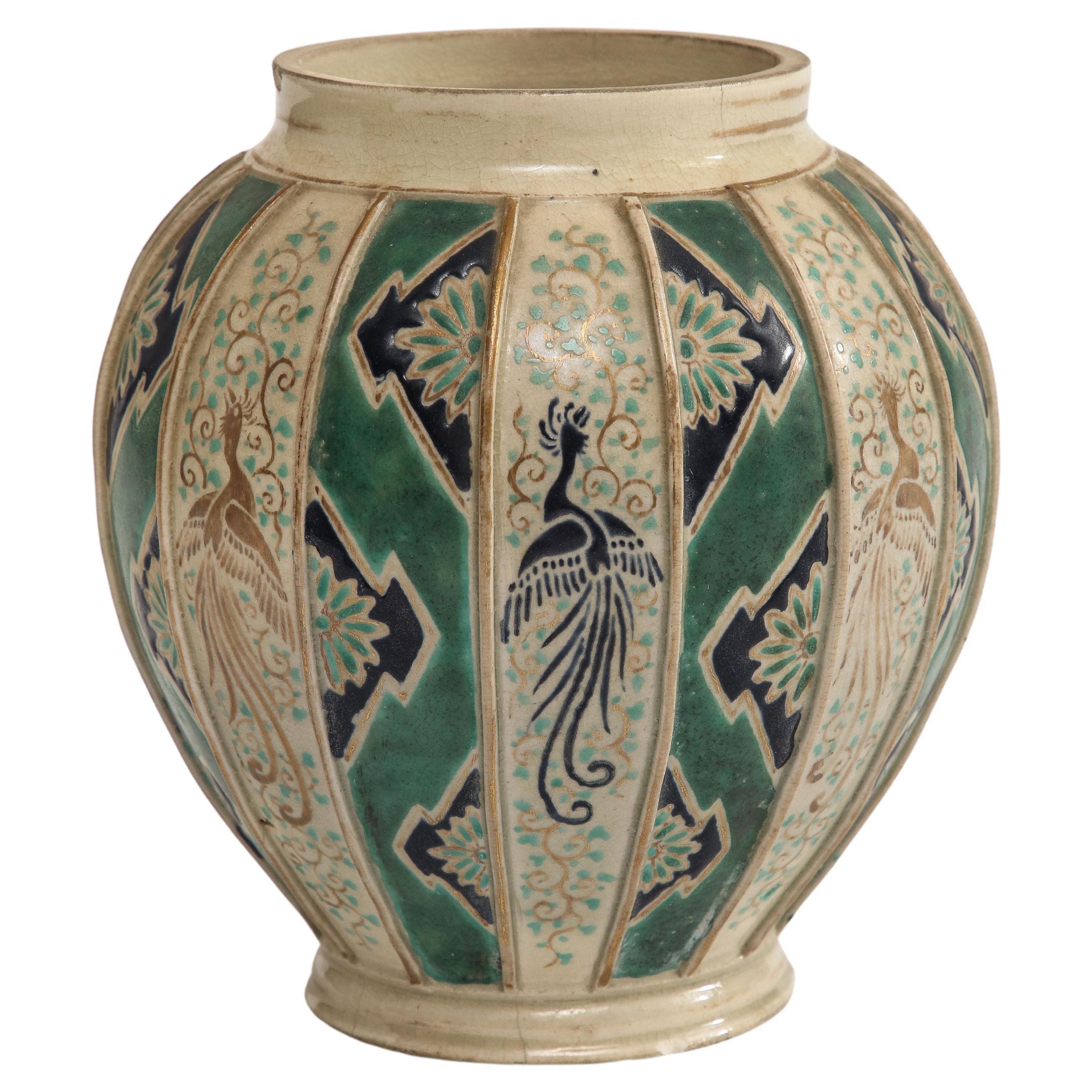 Art Deco Glazed Green and Natural Pottery Vase with Hand Painted Birds, Germany For Sale